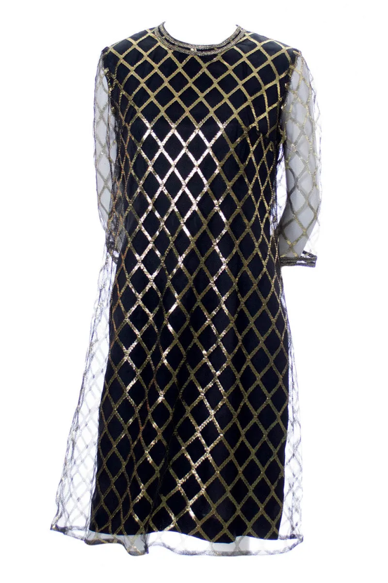 1960s Leslie Fay Black & Gold Mod Shift Dress