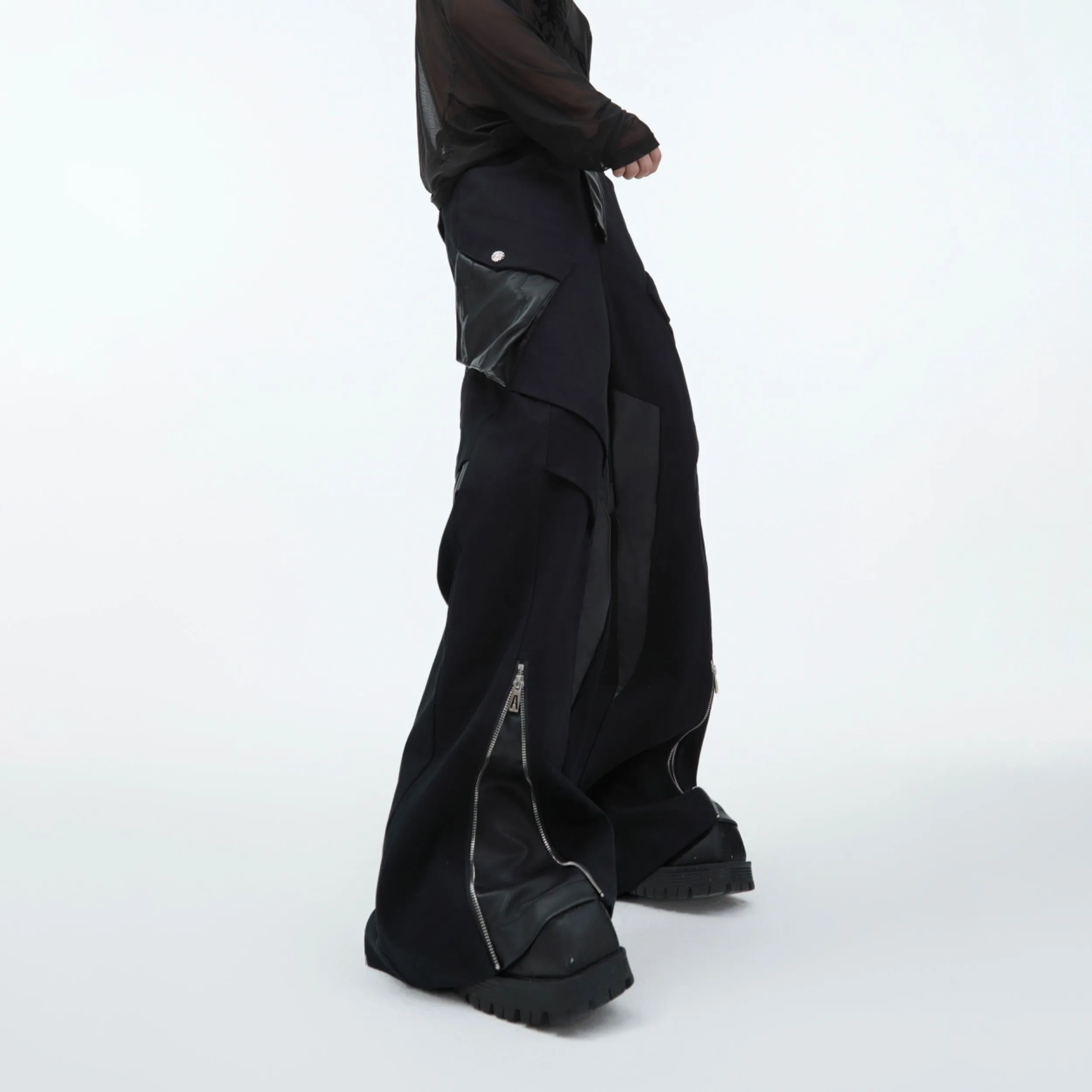 【24s Nov.】Heavy Deconstructed Split Design Workwear Leather Pants