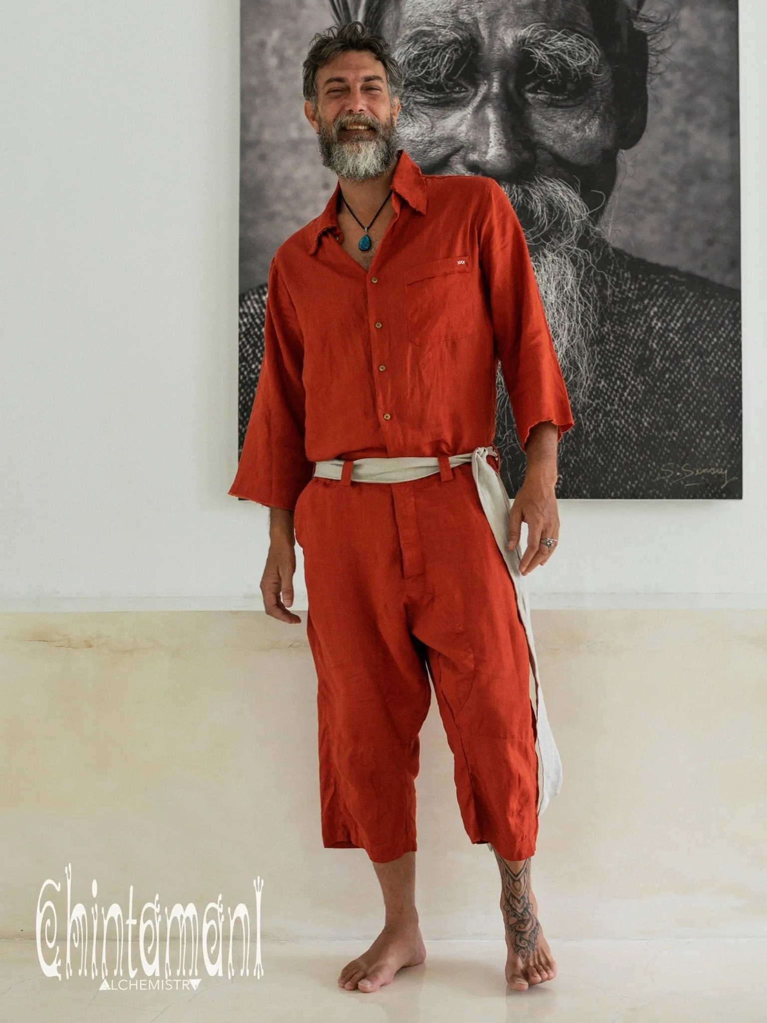 3/4 Linen Overalls for Men / Coverall Jumpsuit with Belt / Red Ohre