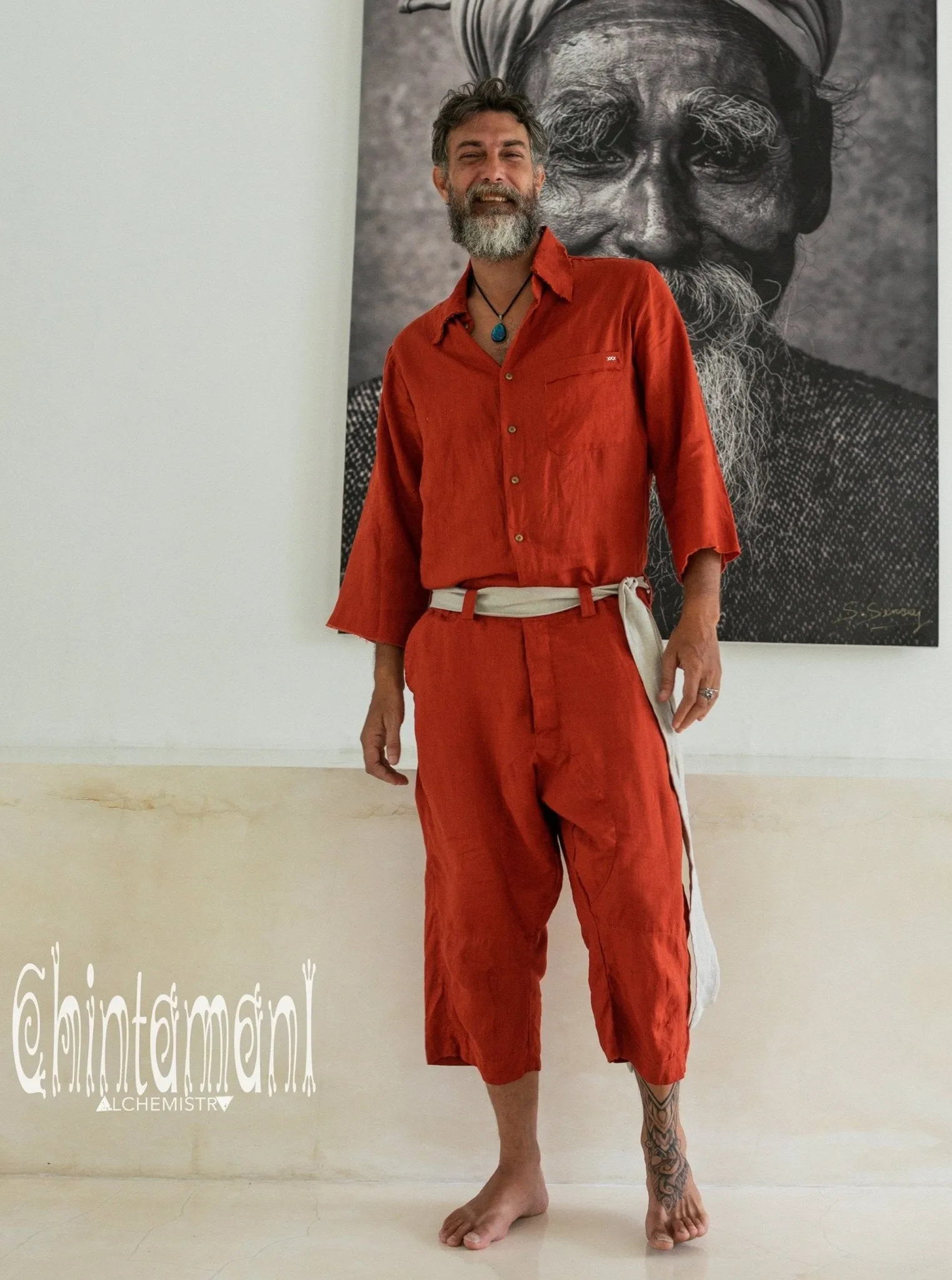 3/4 Linen Overalls for Men / Coverall Jumpsuit with Belt / Red Ohre