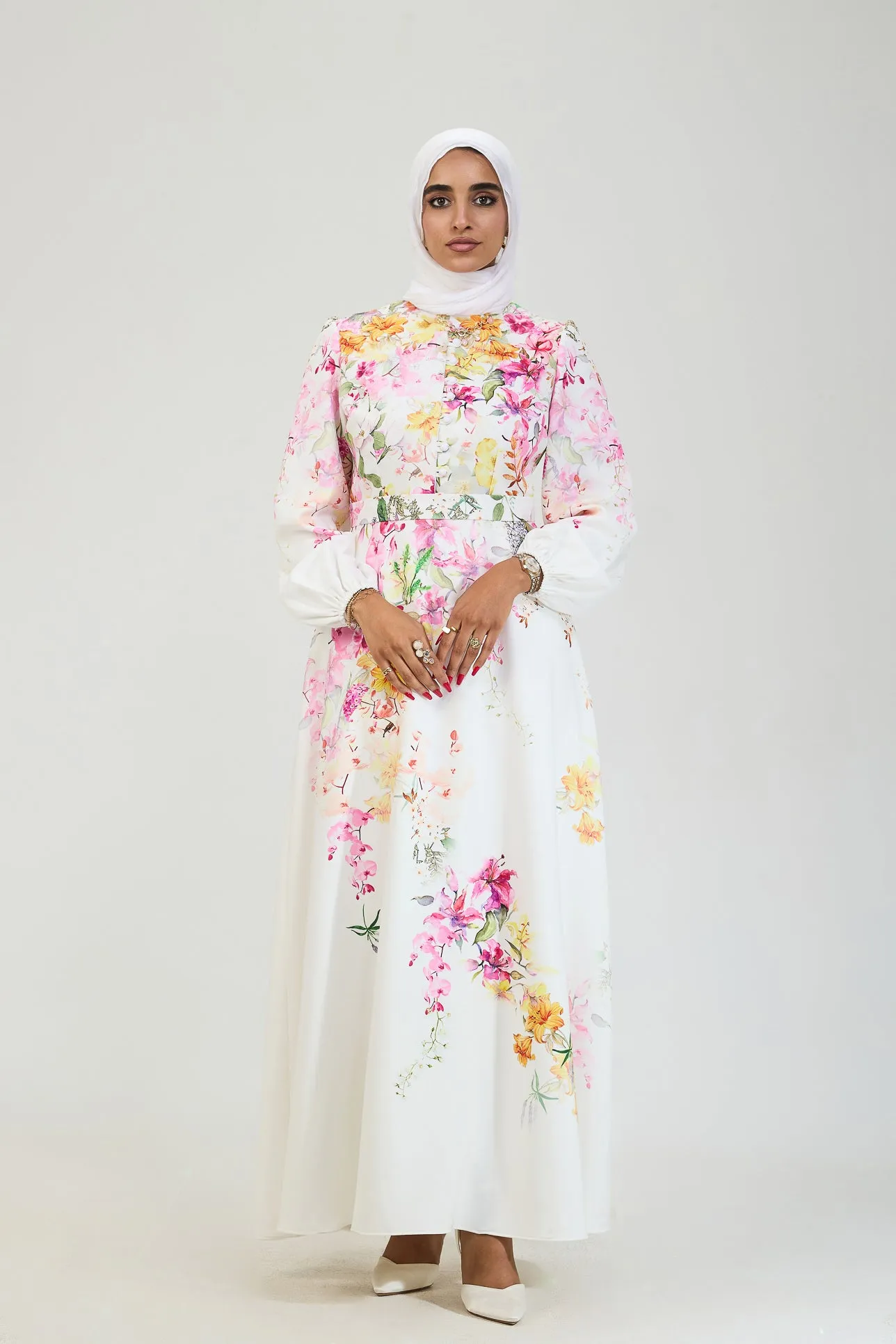 Adeela Floral Elegance Modesty Dress in Crepe Fabric