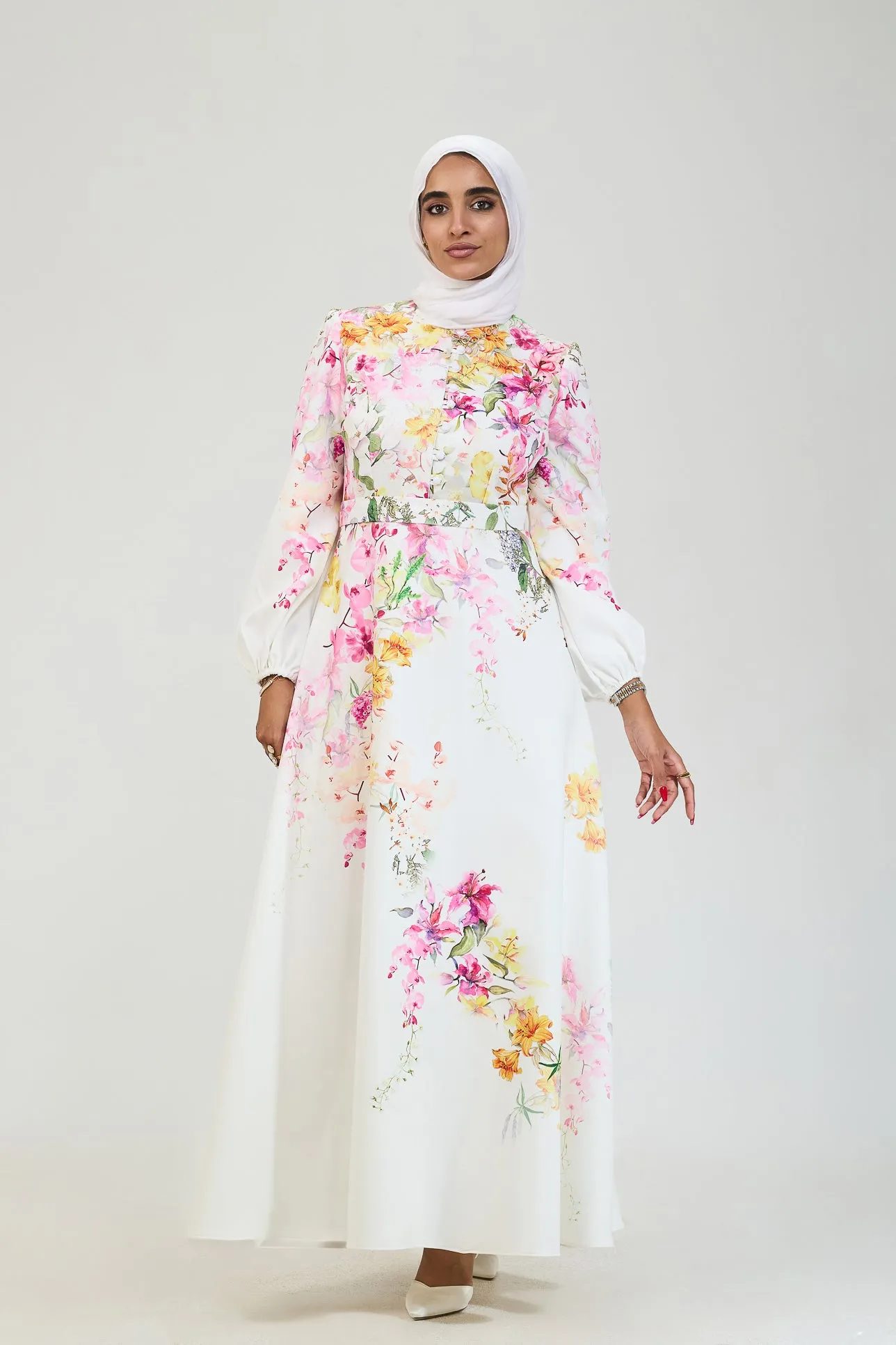 Adeela Floral Elegance Modesty Dress in Crepe Fabric