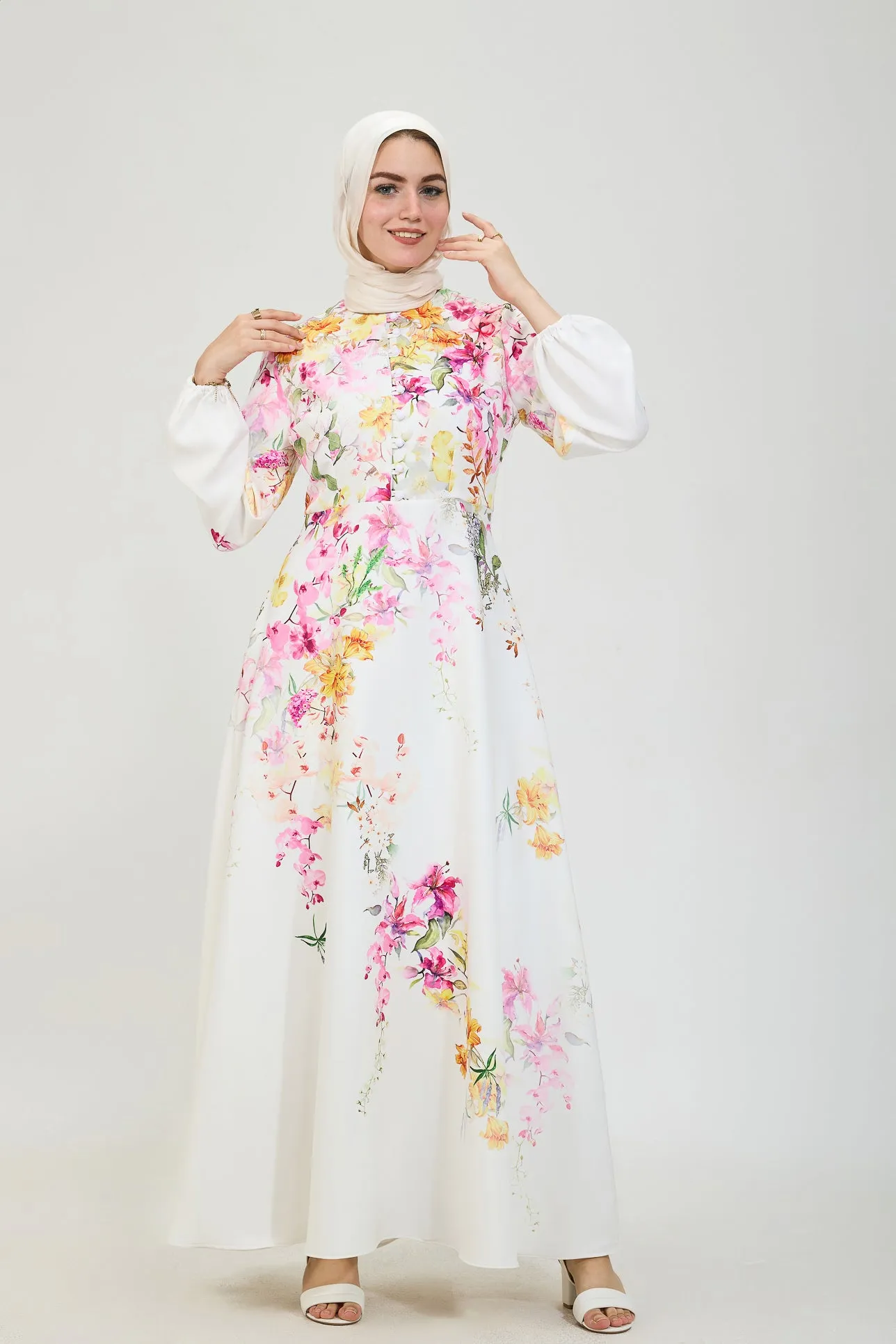 Adeela Floral Elegance Modesty Dress in Crepe Fabric