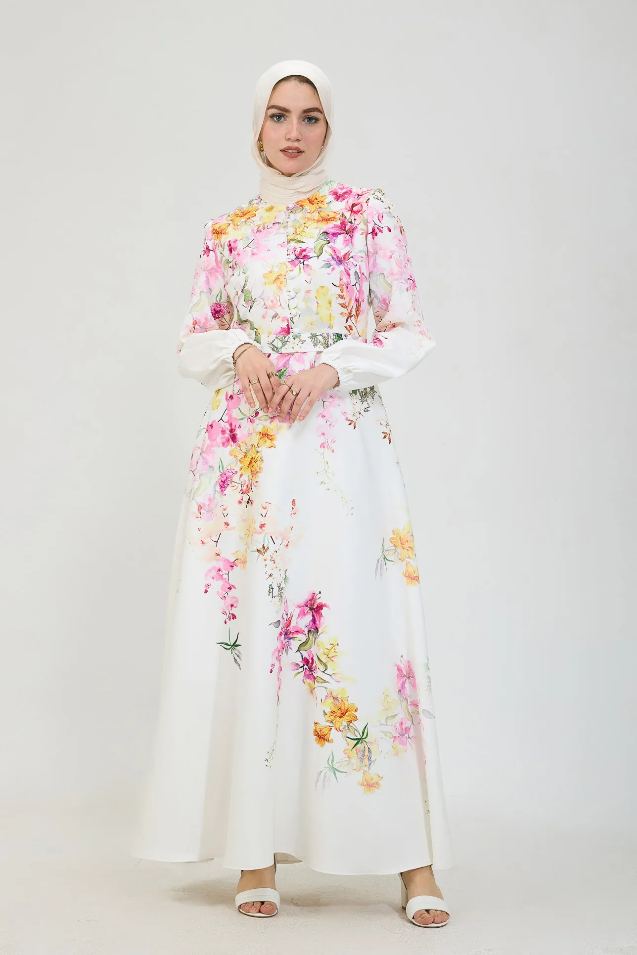 Adeela Floral Elegance Modesty Dress in Crepe Fabric