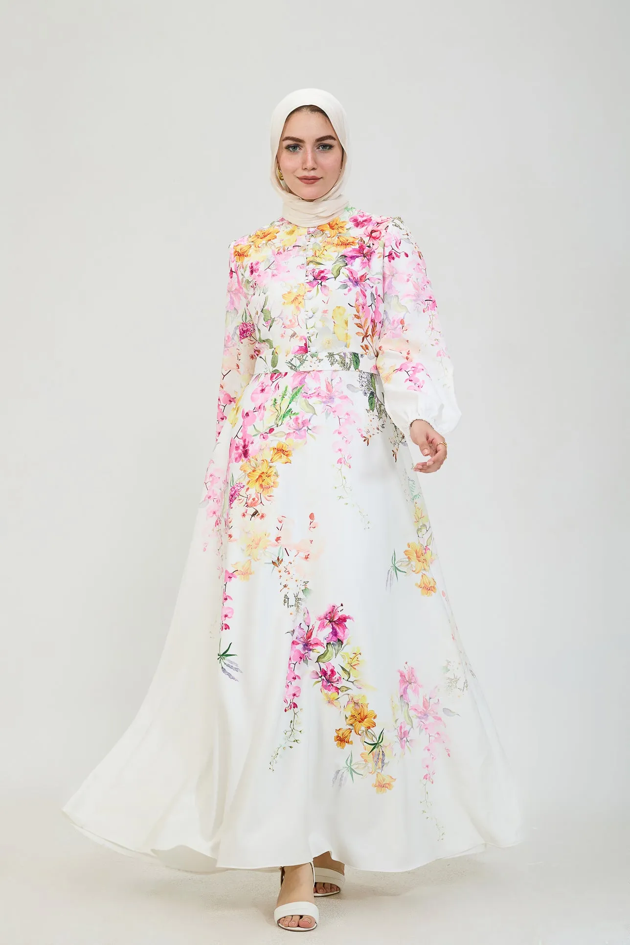 Adeela Floral Elegance Modesty Dress in Crepe Fabric