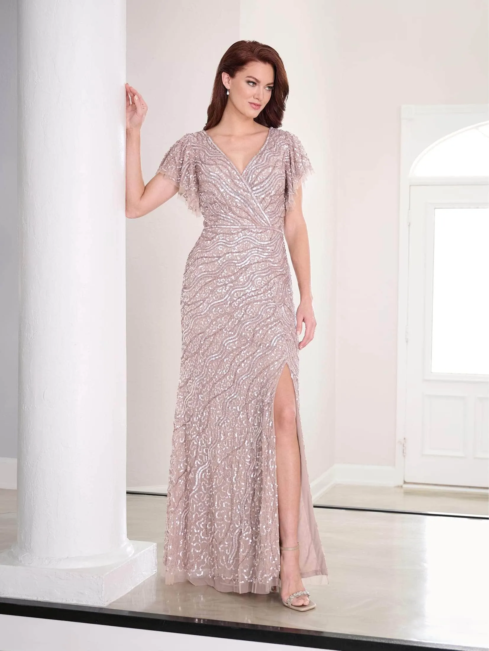 Adrianna Papell Platinum 40455 - Sequin Flutter Sleeve Evening Dress