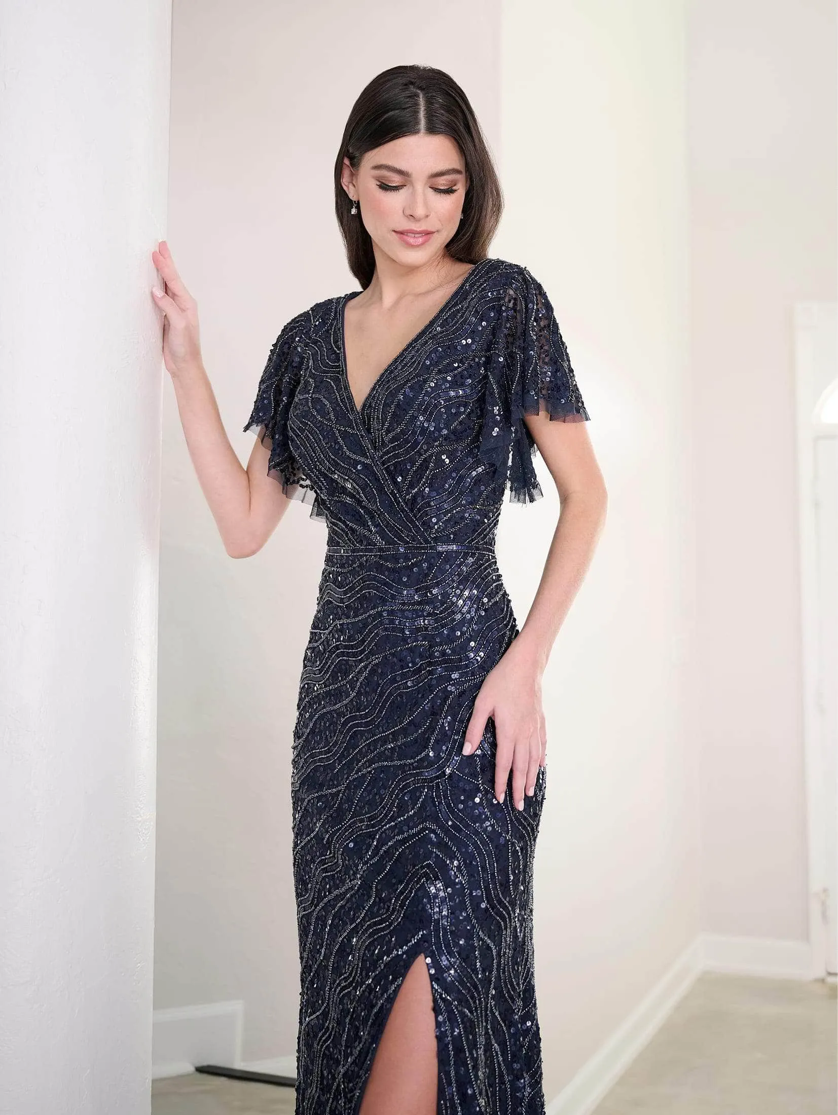 Adrianna Papell Platinum 40455 - Sequin Flutter Sleeve Evening Dress