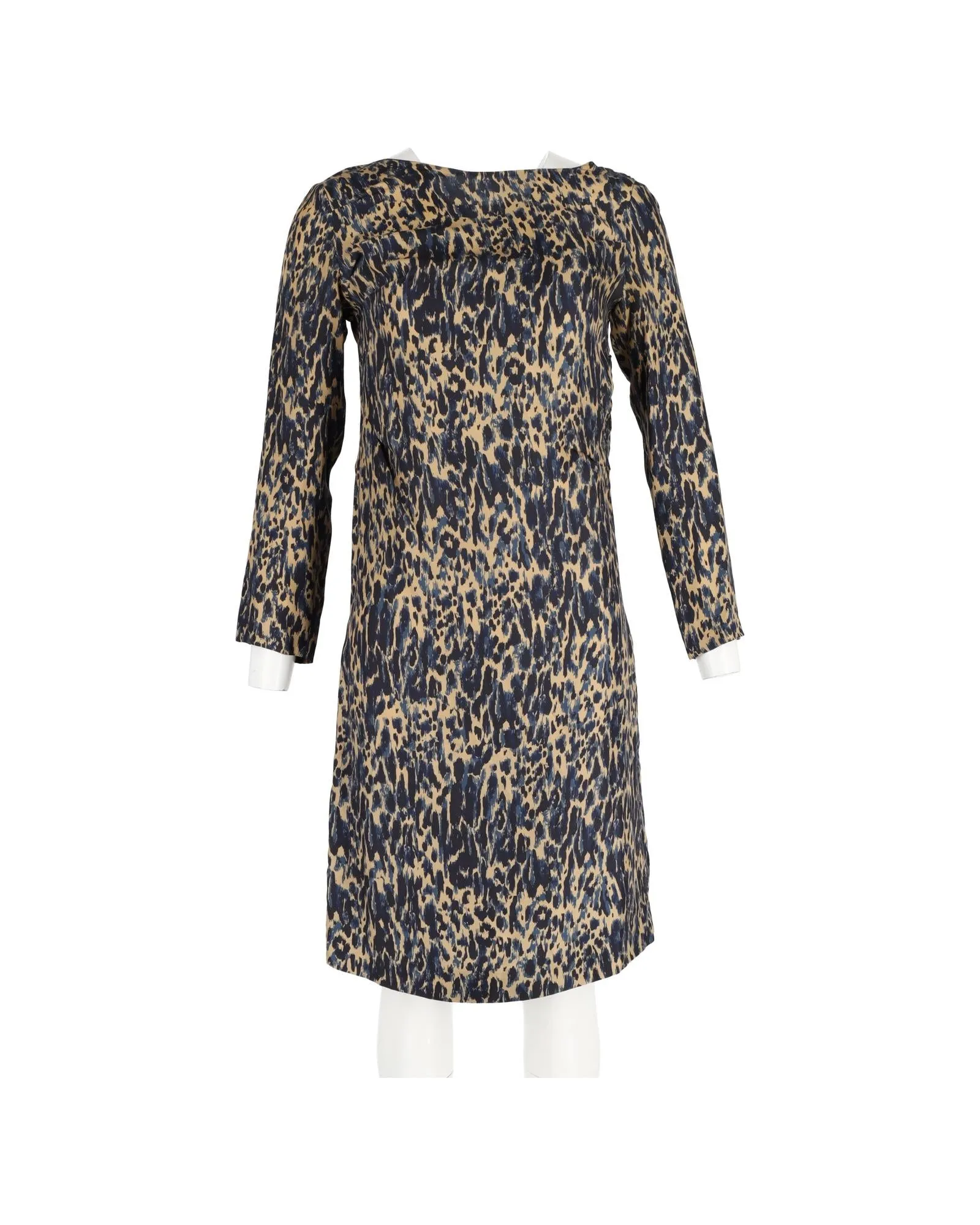 Animal Print Silk Shift Dress in Navy Blue by Dries Van Noten