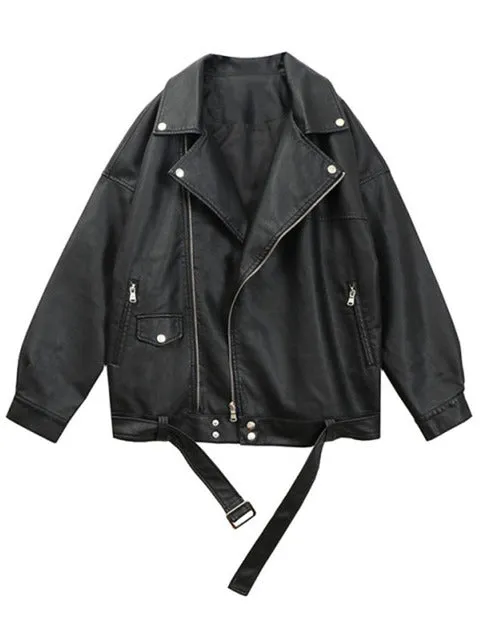 Ashoreshop Faux Leather Motorcycle Jacket Belt Trendy Oversize BF Style Punk PU Jackets