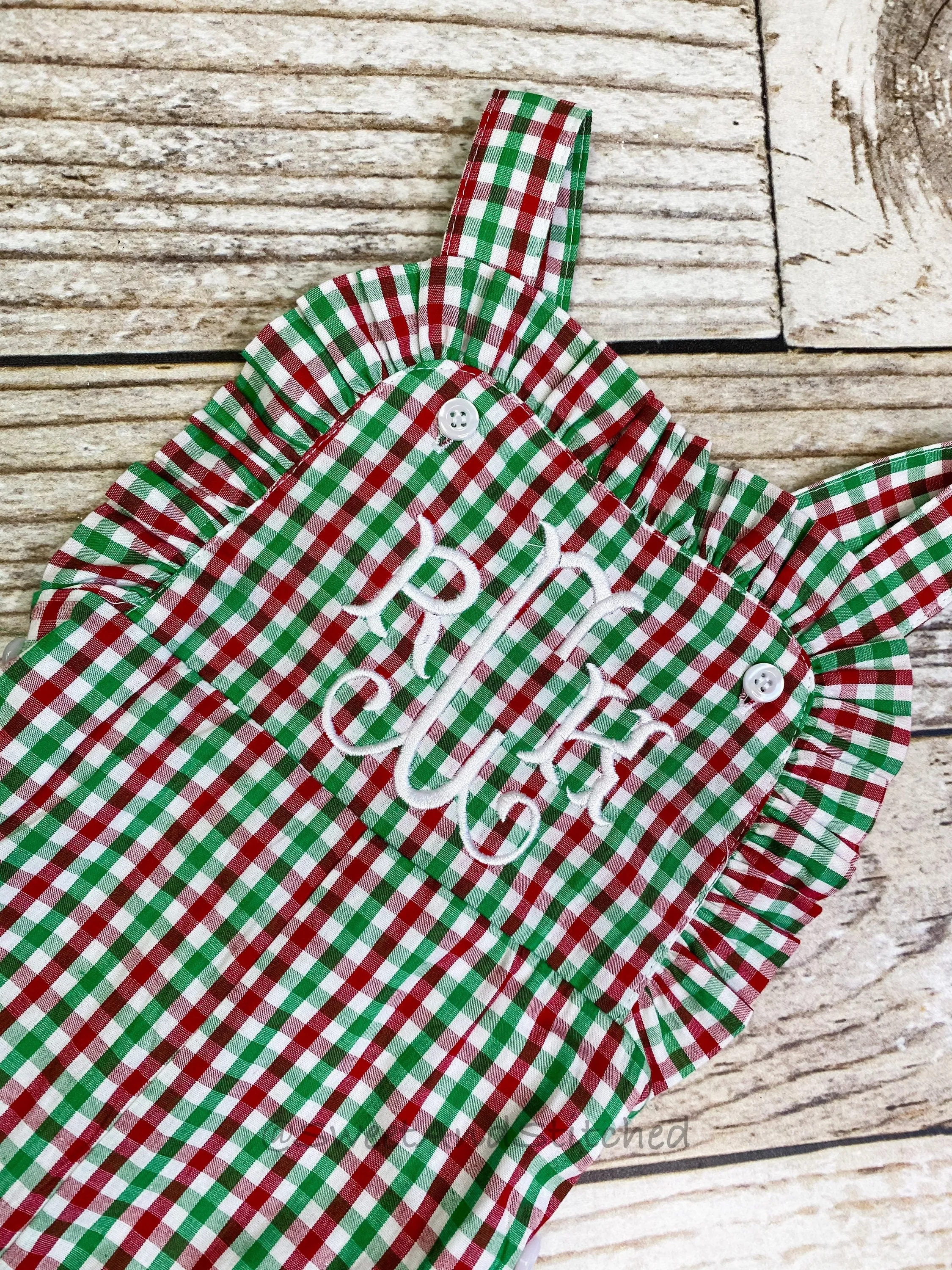 Baby girl monogrammed Christmas outfit in red, green and white gingham, Ruffle Christmas overalls, girls Christmas outfit, Christmas plaid