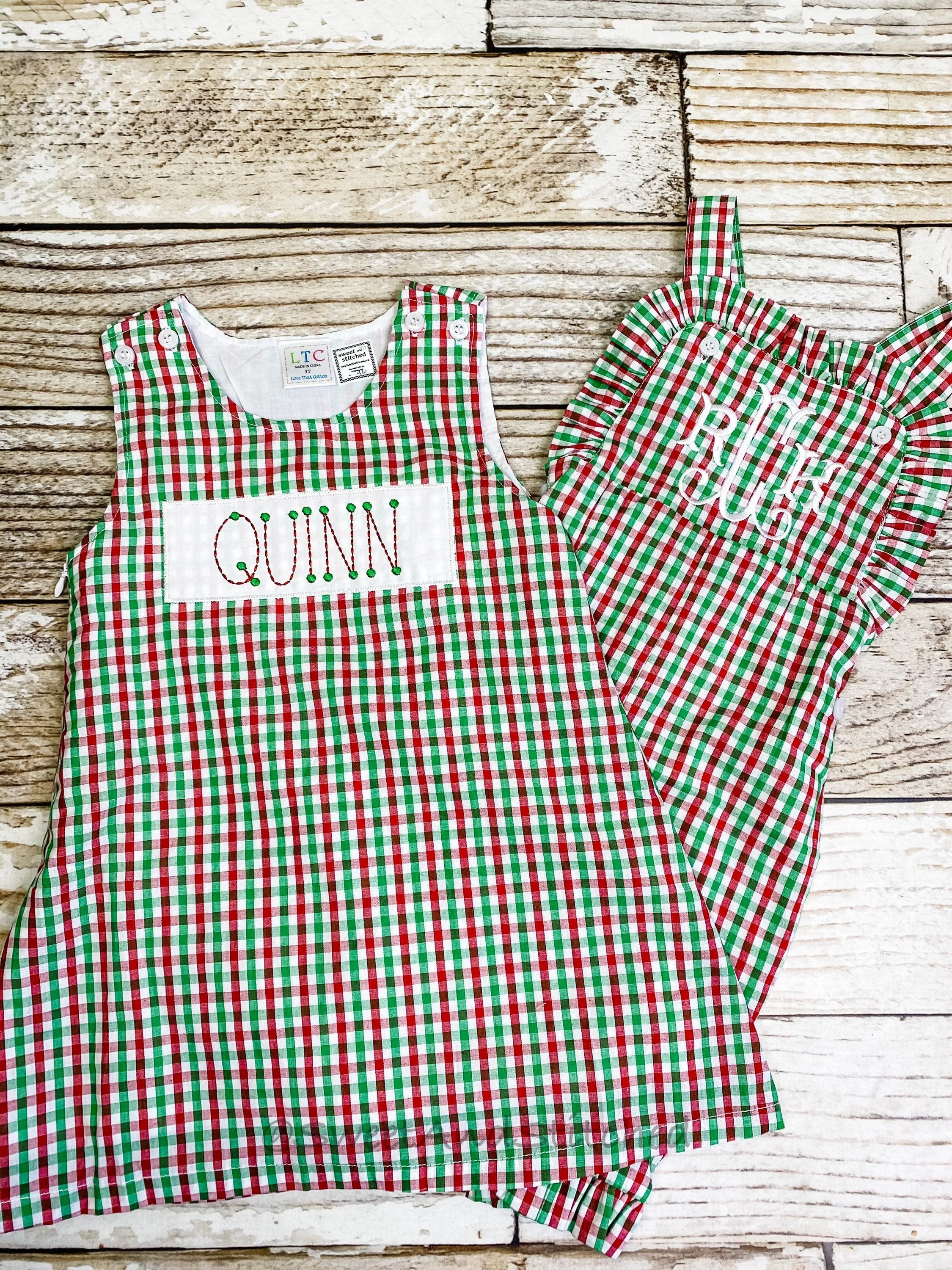 Baby girl monogrammed Christmas outfit in red, green and white gingham, Ruffle Christmas overalls, girls Christmas outfit, Christmas plaid