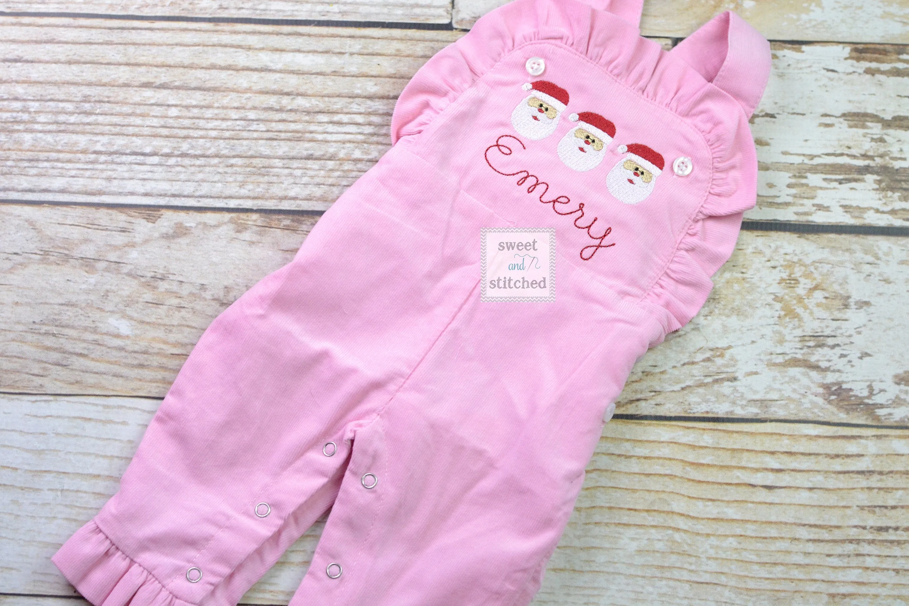 Baby girl monogrammed Christmas overalls with santas, monogrammed corduroy overalls, Pink Cord Christmas outfit, Santa pics