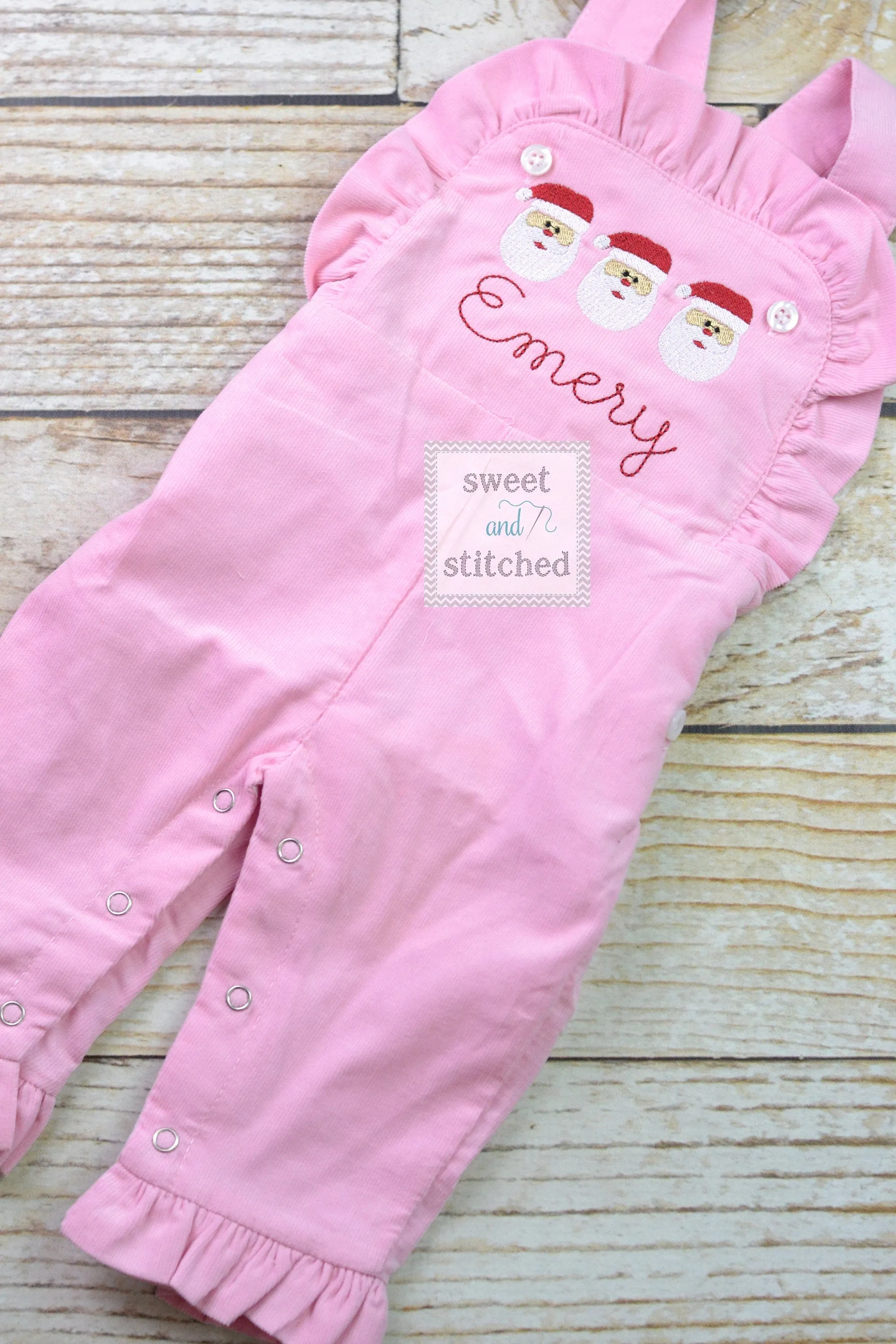 Baby girl monogrammed Christmas overalls with santas, monogrammed corduroy overalls, Pink Cord Christmas outfit, Santa pics