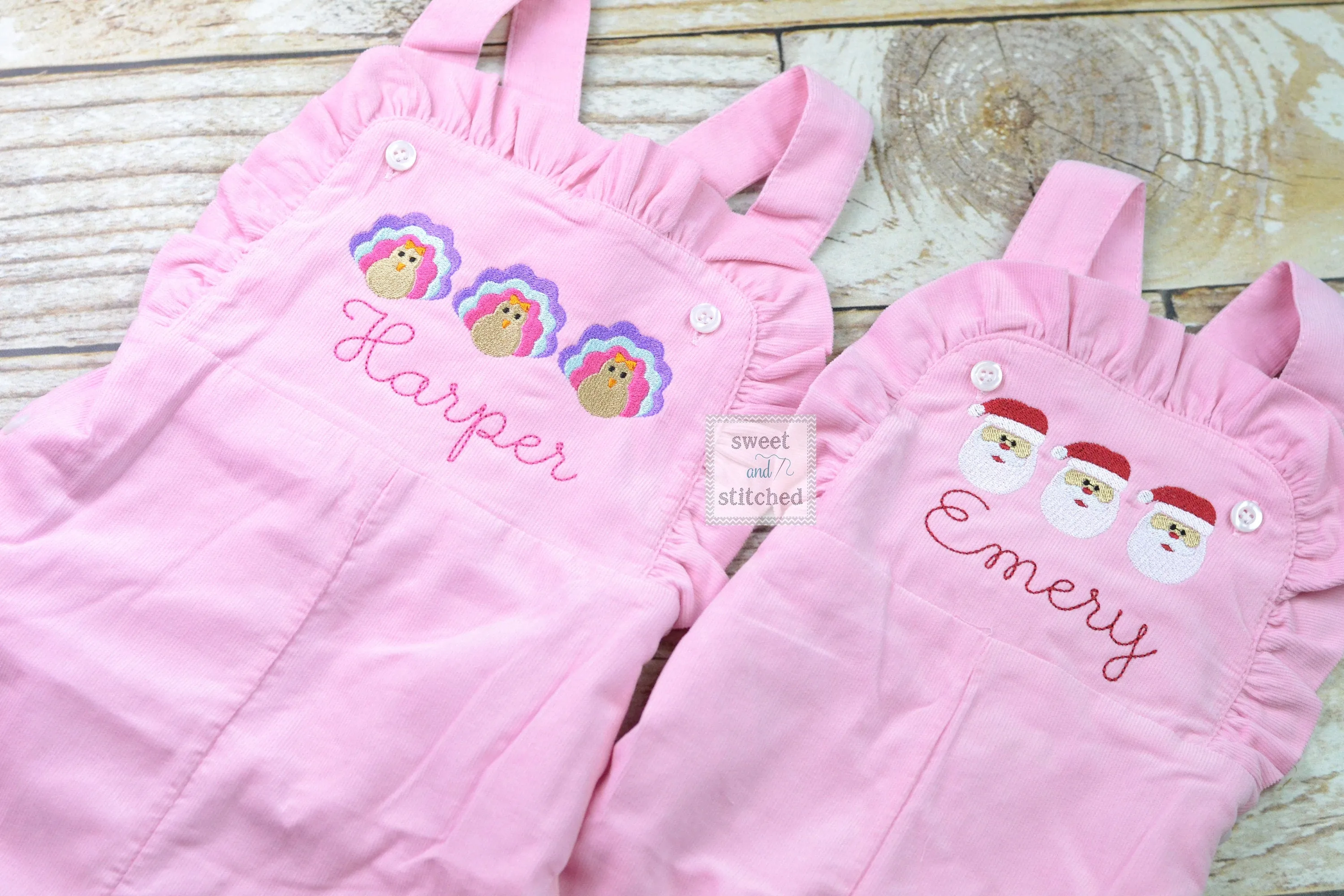 Baby girl monogrammed Christmas overalls with santas, monogrammed corduroy overalls, Pink Cord Christmas outfit, Santa pics