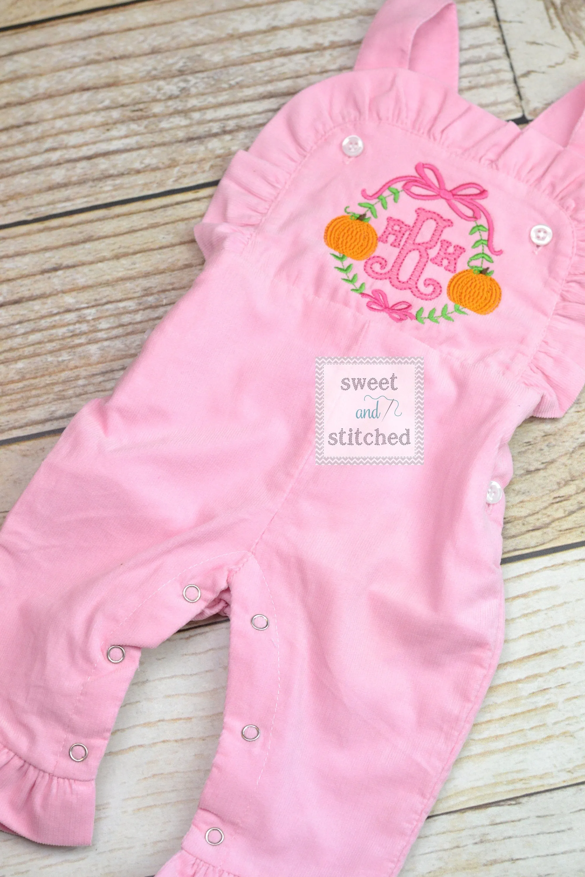 Baby girl monogrammed fall pumpkin overalls with sweet pumpkin monogram frame, monogrammed corduroy overalls, Pink Cord thanksgiving outfit