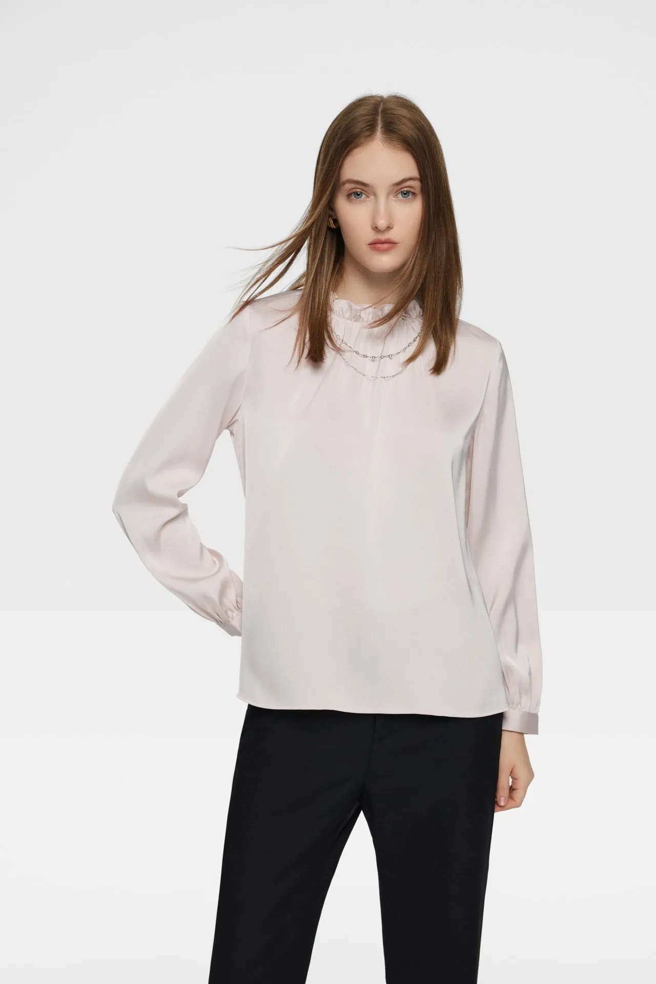 Bessie Soft Touch Satin Ruffled Stand Collar Blouse with Detachable Chain