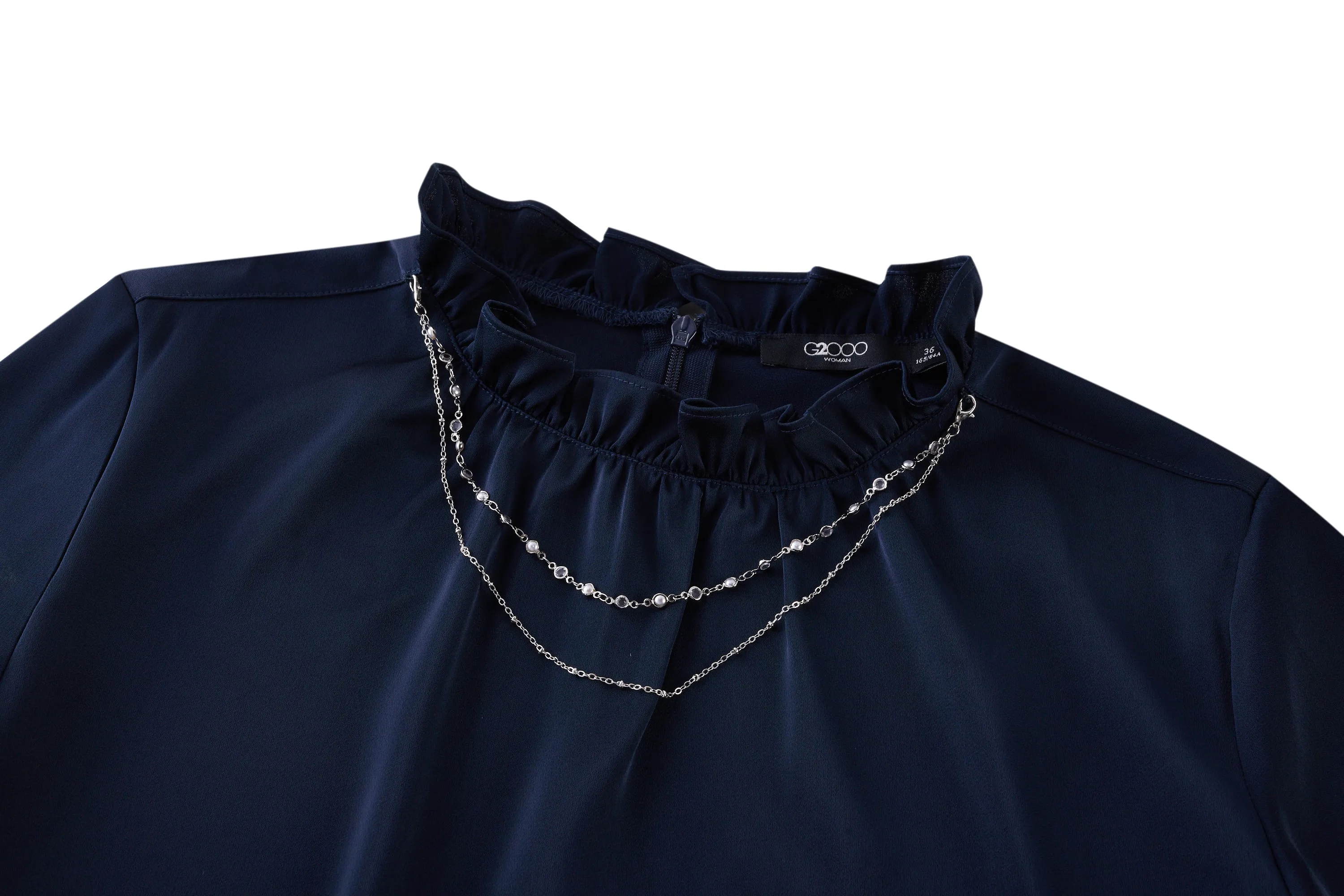 Bessie Soft Touch Satin Ruffled Stand Collar Blouse with Detachable Chain