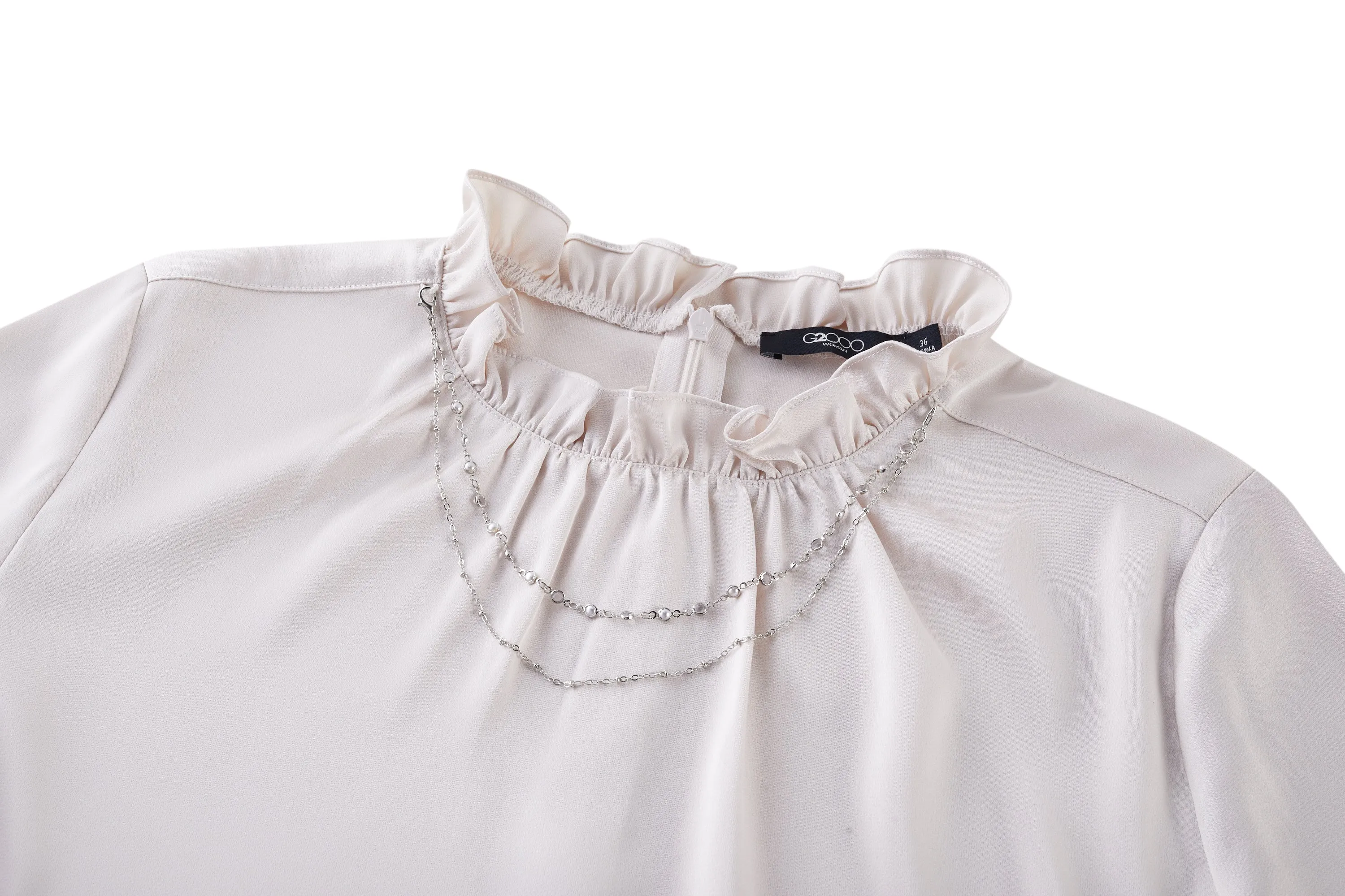 Bessie Soft Touch Satin Ruffled Stand Collar Blouse with Detachable Chain