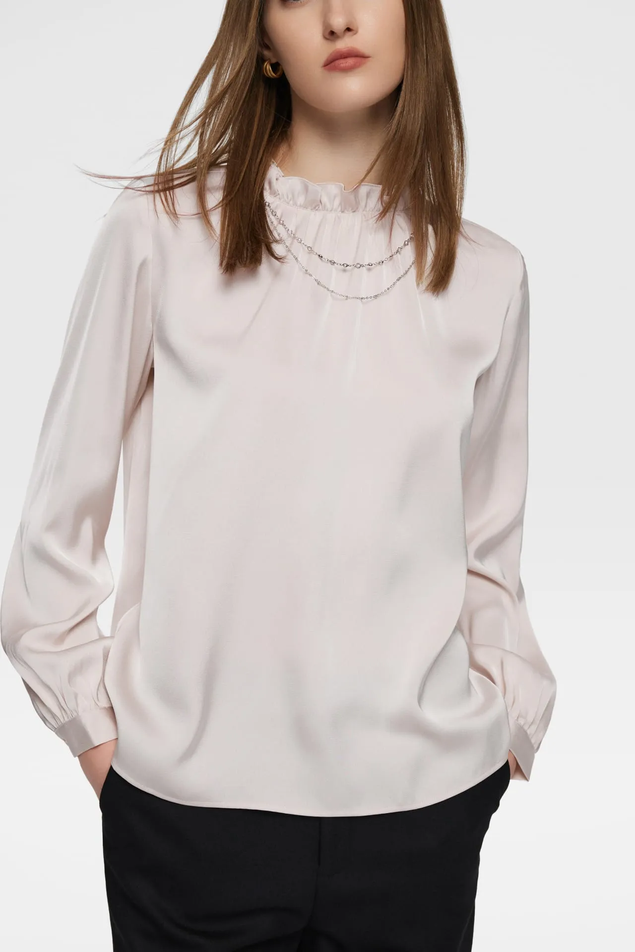 Bessie Soft Touch Satin Ruffled Stand Collar Blouse with Detachable Chain