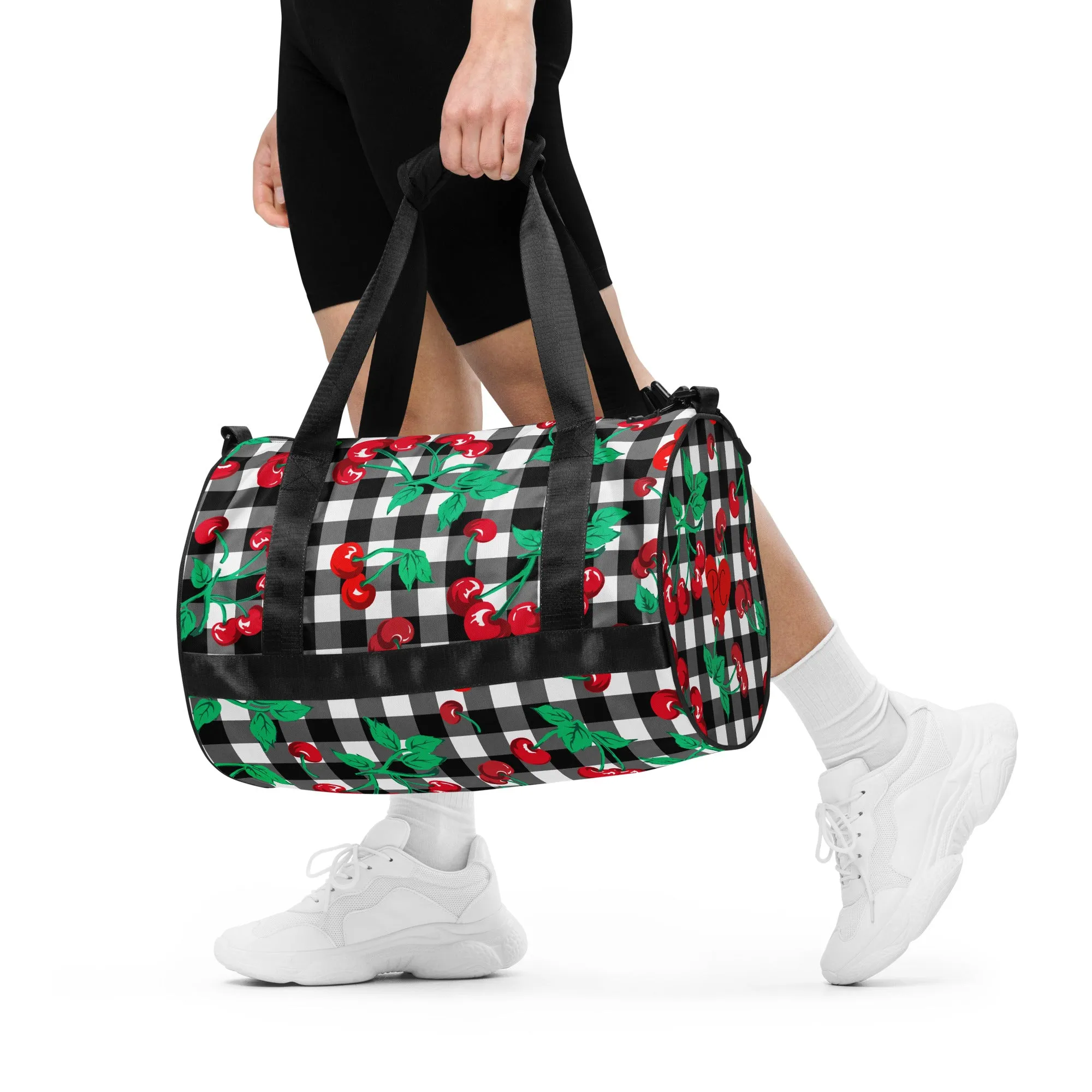 Black Gingham Cherry Girl Gym Duffle Workout Bag | Pinup Couture Relaxed