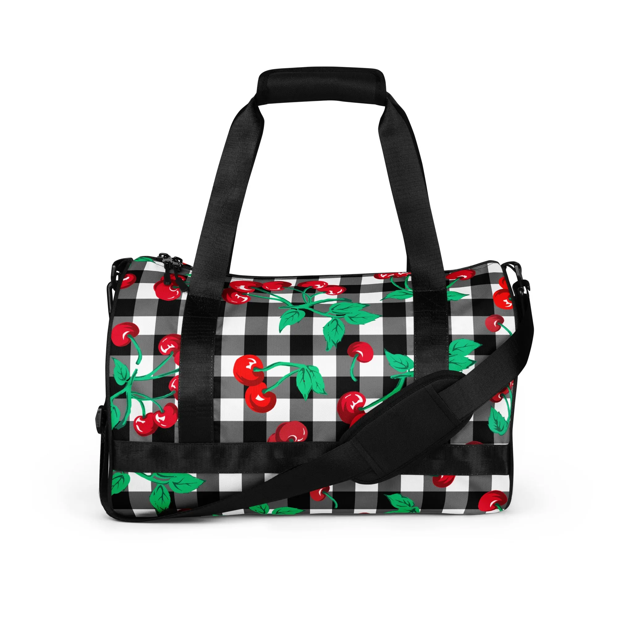 Black Gingham Cherry Girl Gym Duffle Workout Bag | Pinup Couture Relaxed