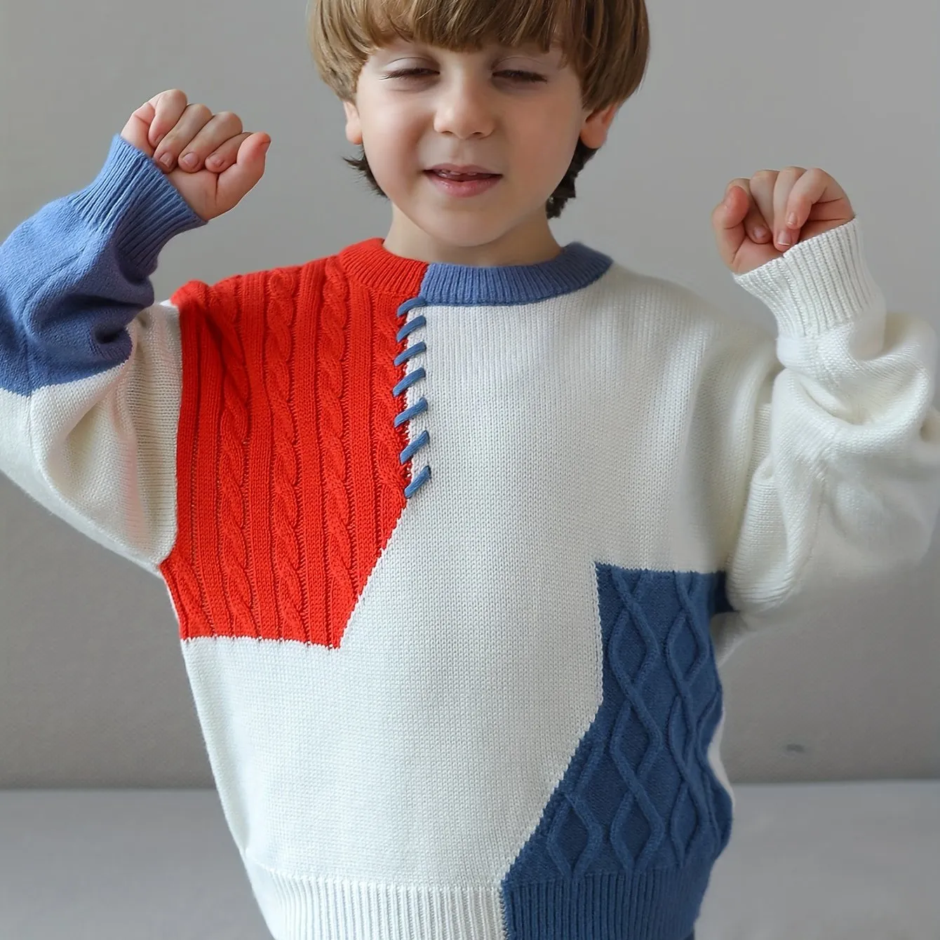 Boys Casual Sweater, Color Block Stitching Pattern Long Sleeve Pullover Top For Winter Fall