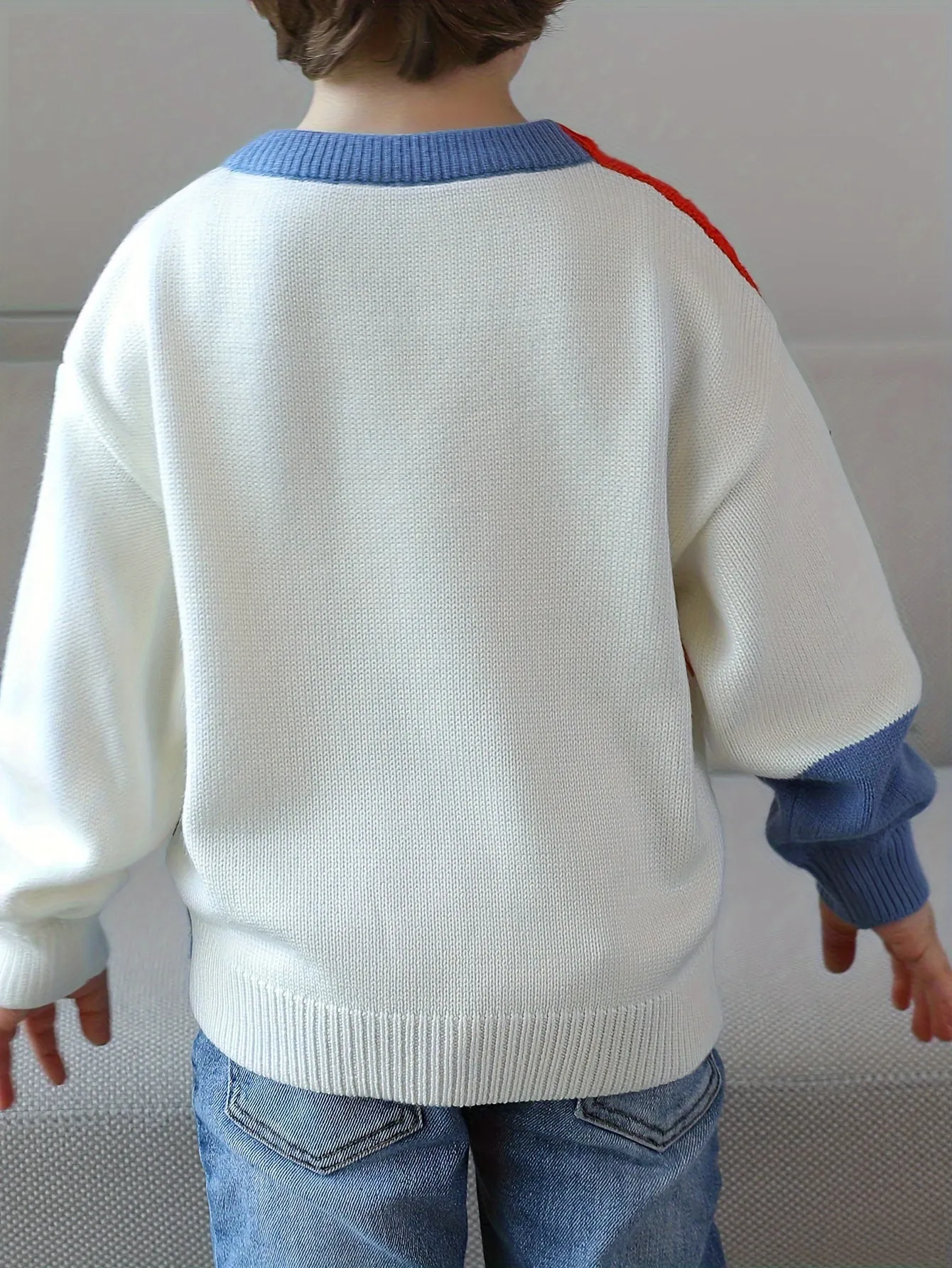 Boys Casual Sweater, Color Block Stitching Pattern Long Sleeve Pullover Top For Winter Fall