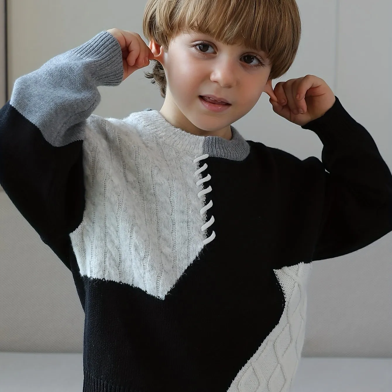 Boys Casual Sweater, Color Block Stitching Pattern Long Sleeve Pullover Top For Winter Fall