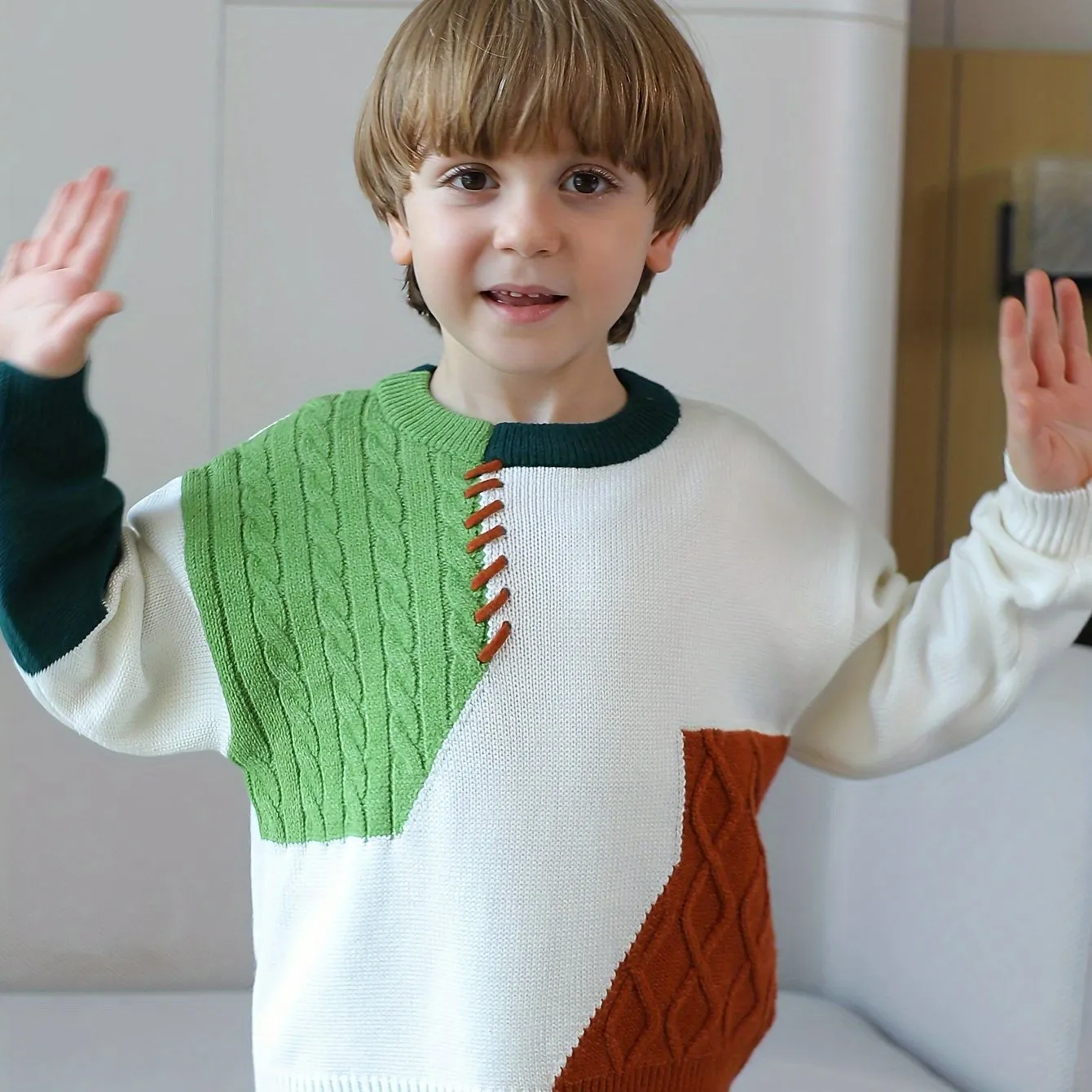 Boys Casual Sweater, Color Block Stitching Pattern Long Sleeve Pullover Top For Winter Fall