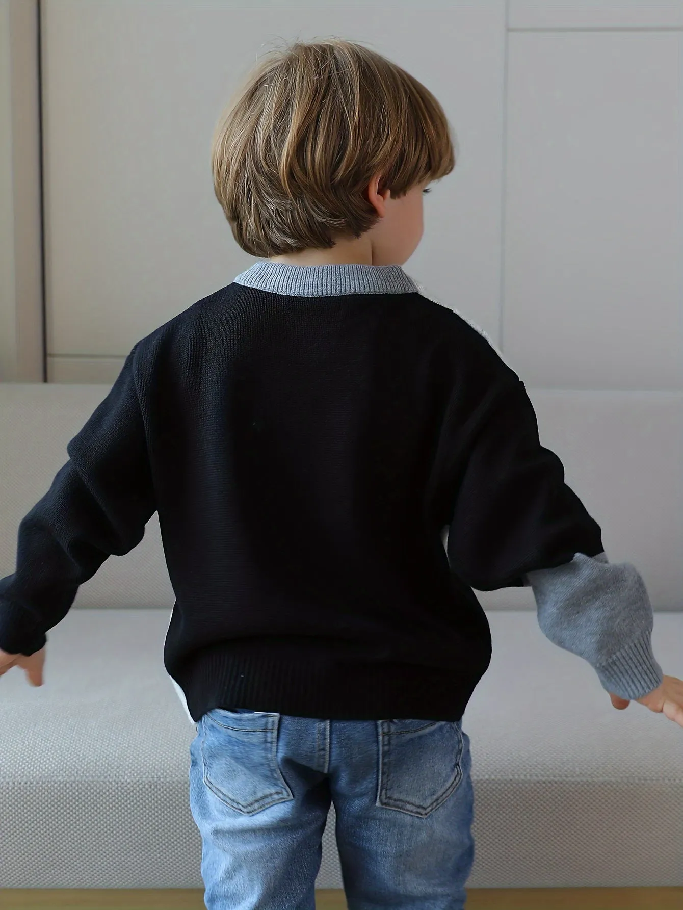 Boys Casual Sweater, Color Block Stitching Pattern Long Sleeve Pullover Top For Winter Fall