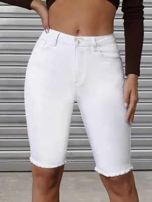 Chic White Denim Bermuda Shorts - Frayed Hem - Comfort Fit for Everyday Summer Wear