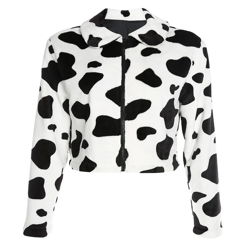 Cow Print Faux Fur Coat Women Animal Printed Casual Furry Crop Teddy Zipper Overcoat Jacket