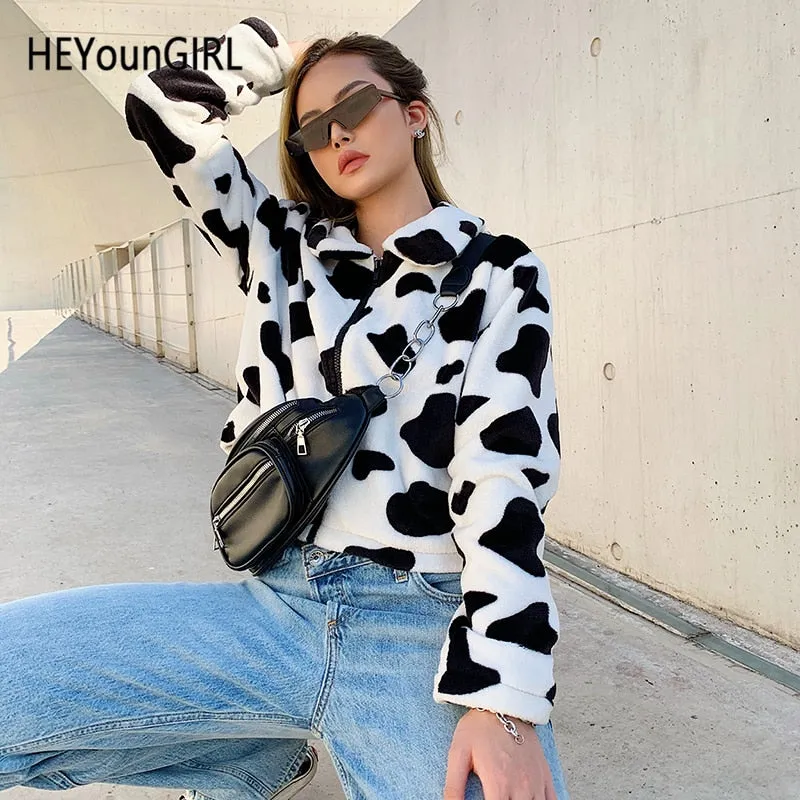 Cow Print Faux Fur Coat Women Animal Printed Casual Furry Crop Teddy Zipper Overcoat Jacket