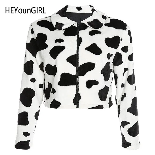 Cow Print Faux Fur Coat Women Animal Printed Casual Furry Crop Teddy Zipper Overcoat Jacket