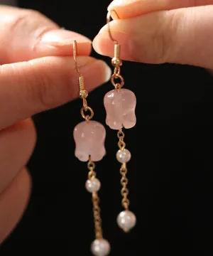 Cute Pink Copper Overgild Crystal Pearl Lily Of The Valley Tassel Drop Earrings QU034