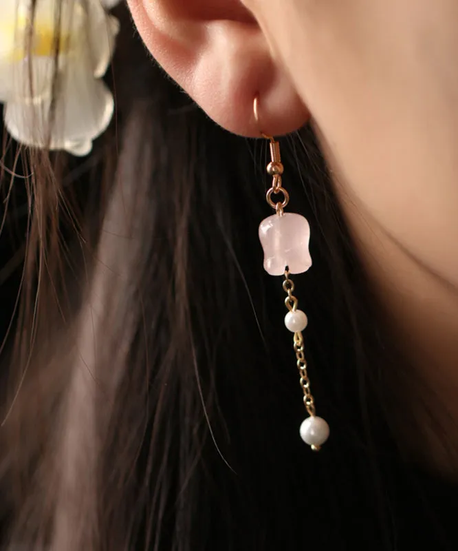 Cute Pink Copper Overgild Crystal Pearl Lily Of The Valley Tassel Drop Earrings QU034