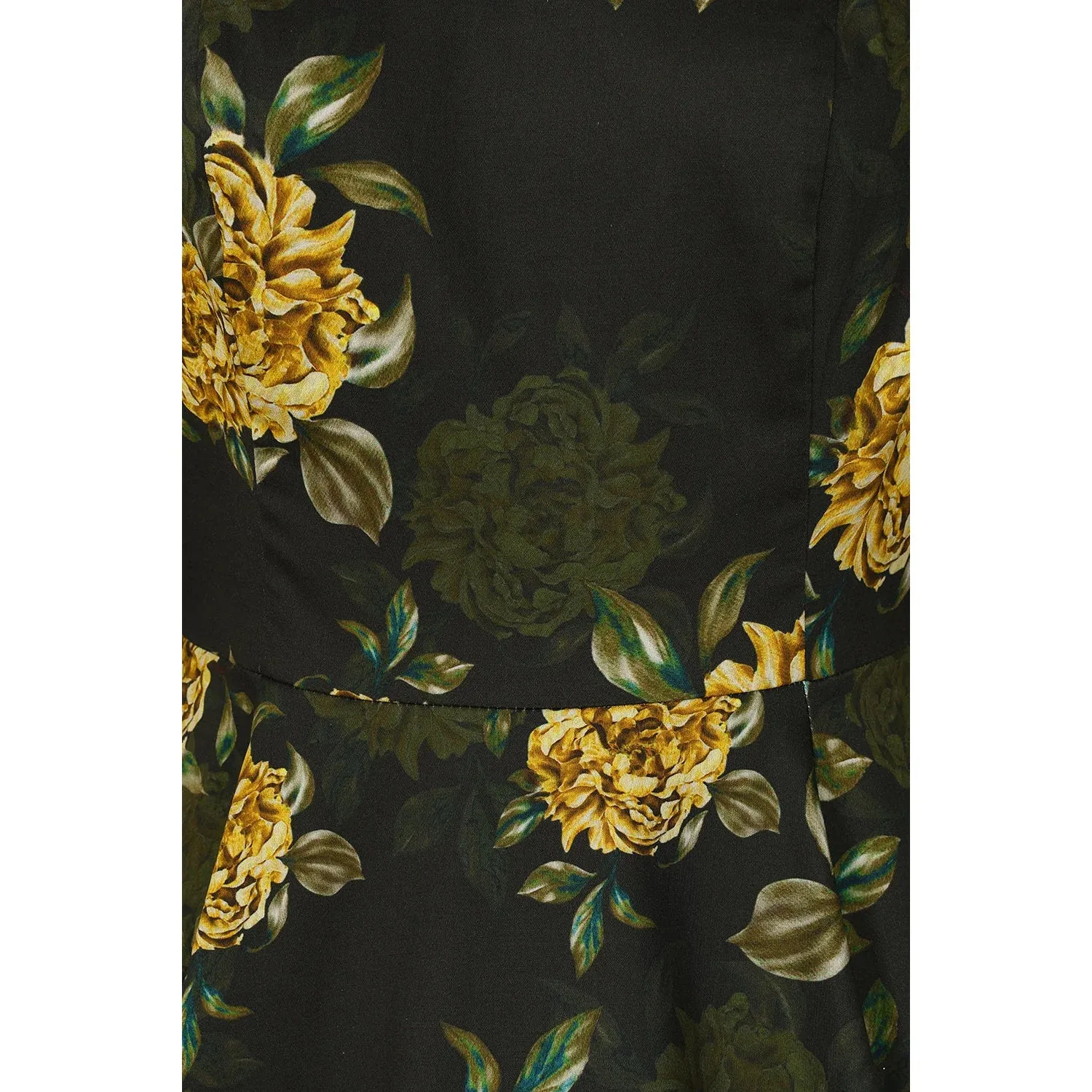 Dark Green Yellow Floral Print 3/4 Sleeve V Neckline 50s Swing Dress With Pockets