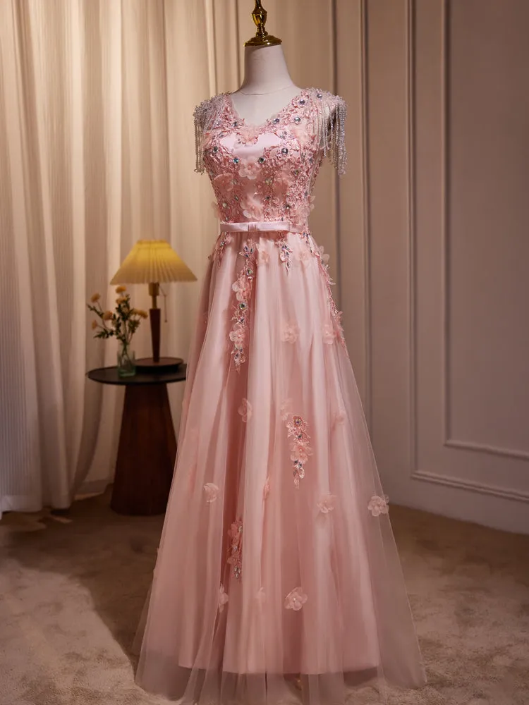 Delicate V-Neck Pink with Rhinestones Lace Appliques Prom Dress