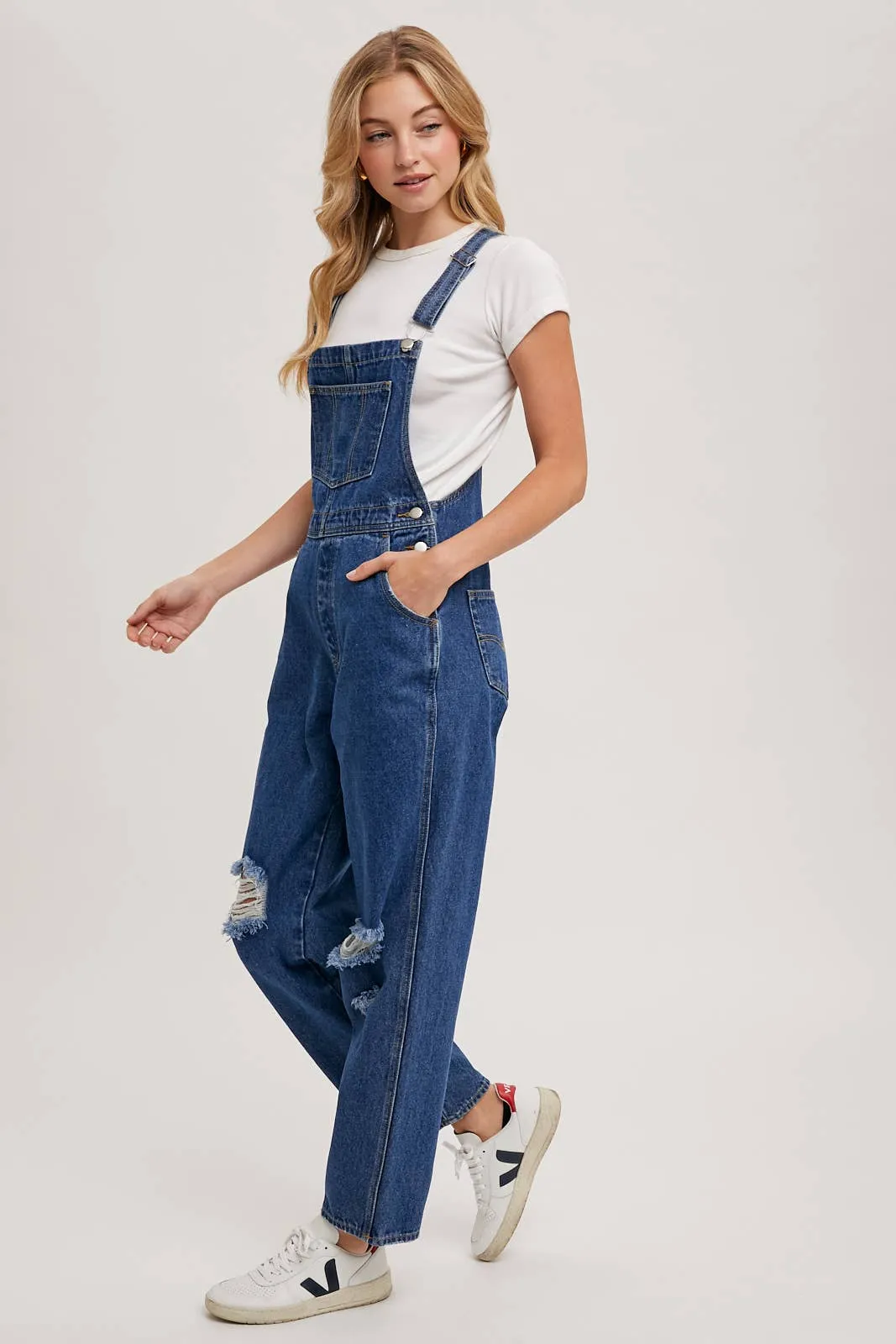 Distressed Dark Wash Overalls