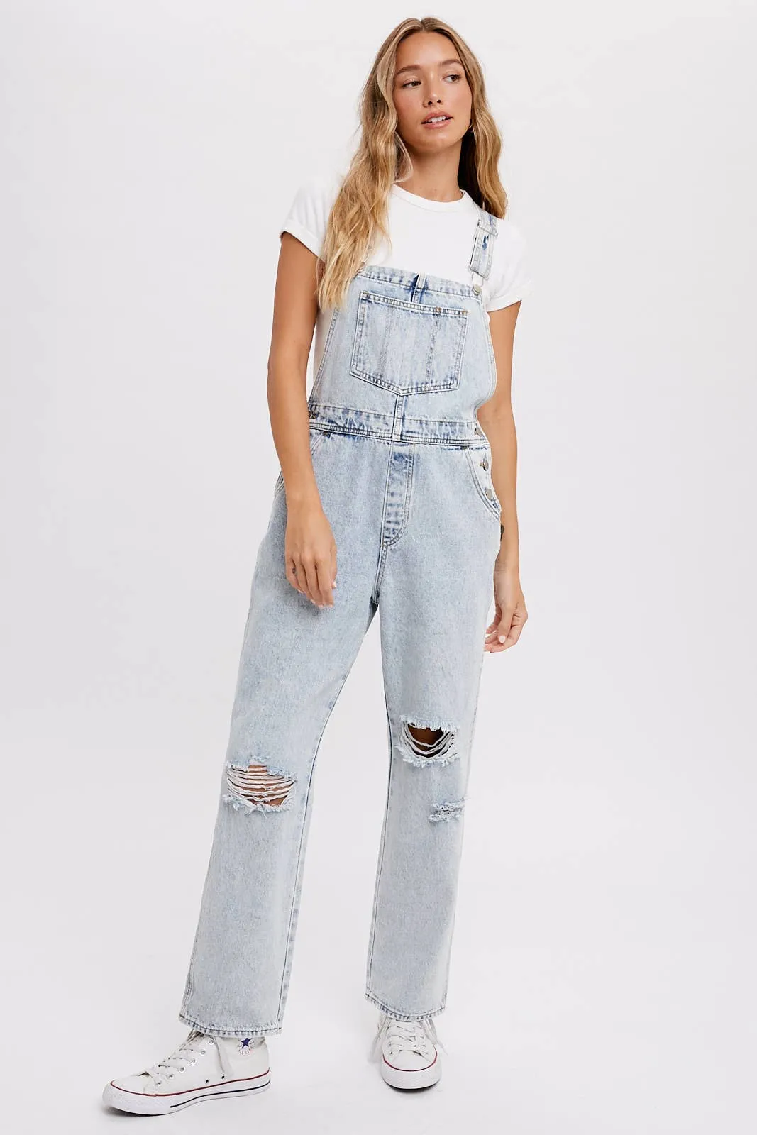 Distressed Light Denim Overalls