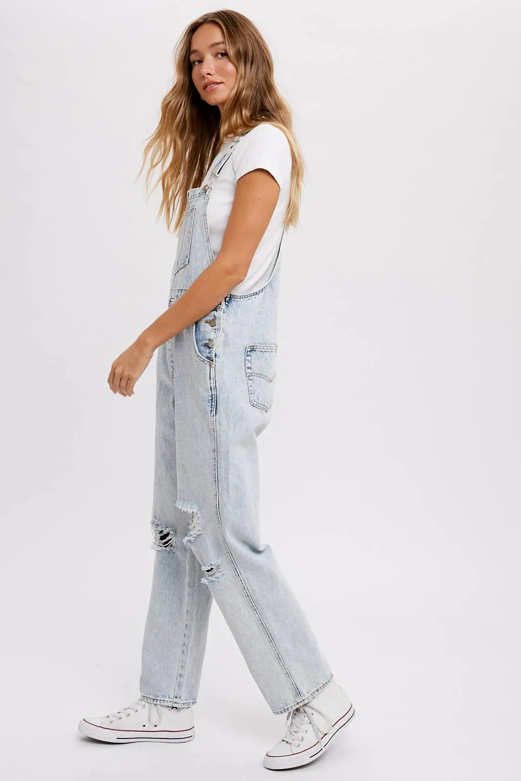 Distressed Light Denim Overalls