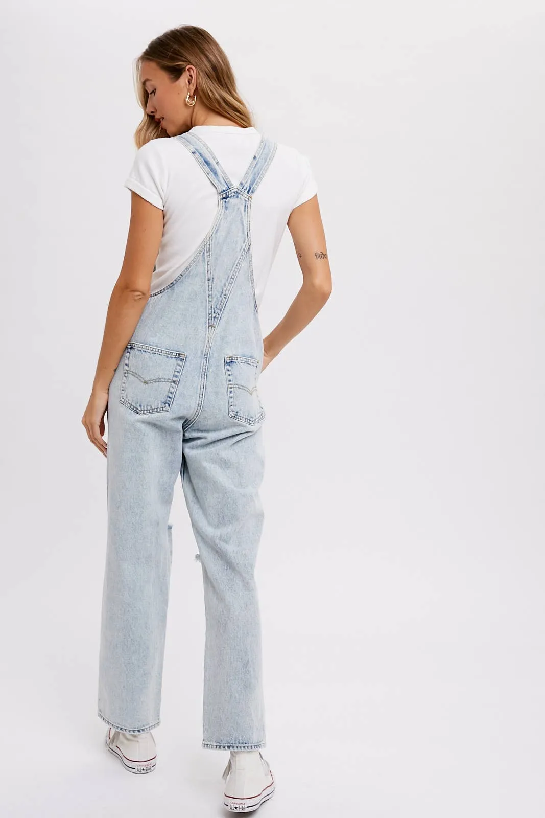 Distressed Light Denim Overalls