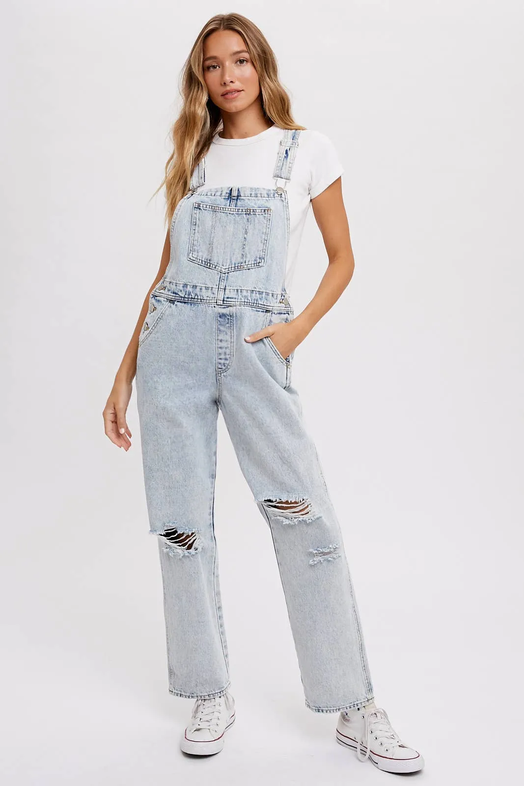 Distressed Light Denim Overalls