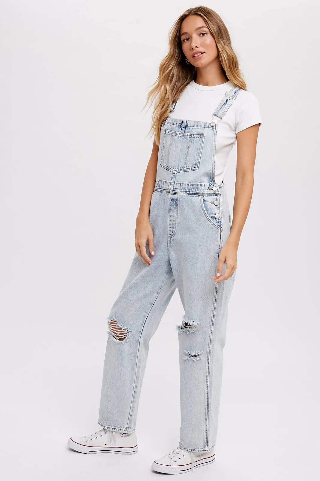 Distressed Light Denim Overalls