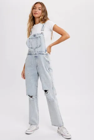 Distressed Light Denim Overalls