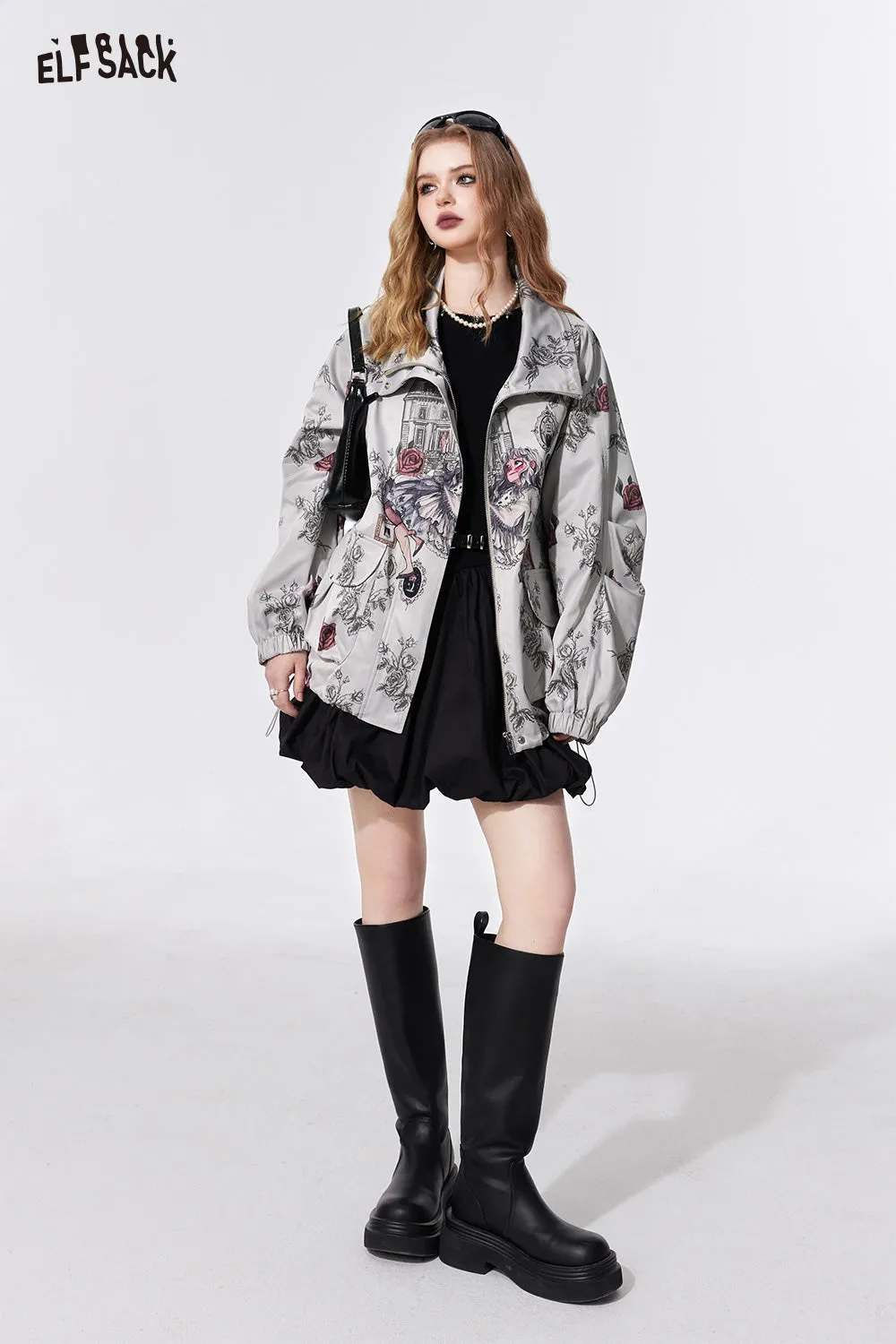 ELFSACK cartoon printing mid long length casual coat for women 2024 spring zippper long sleeve contrast street style casual coat