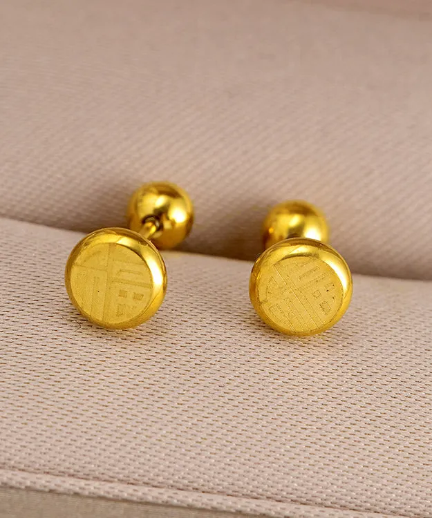 Fine Gold Stainless Steel Fu Character Stud Earrings GH1051