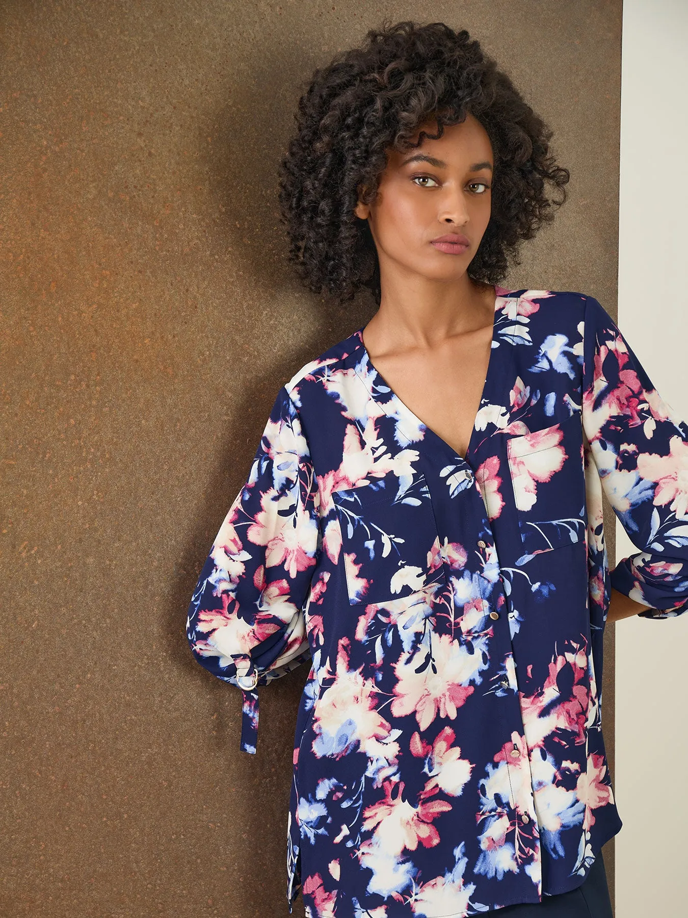 Floral Button-Front Collarless Tunic, Crepe De Chine