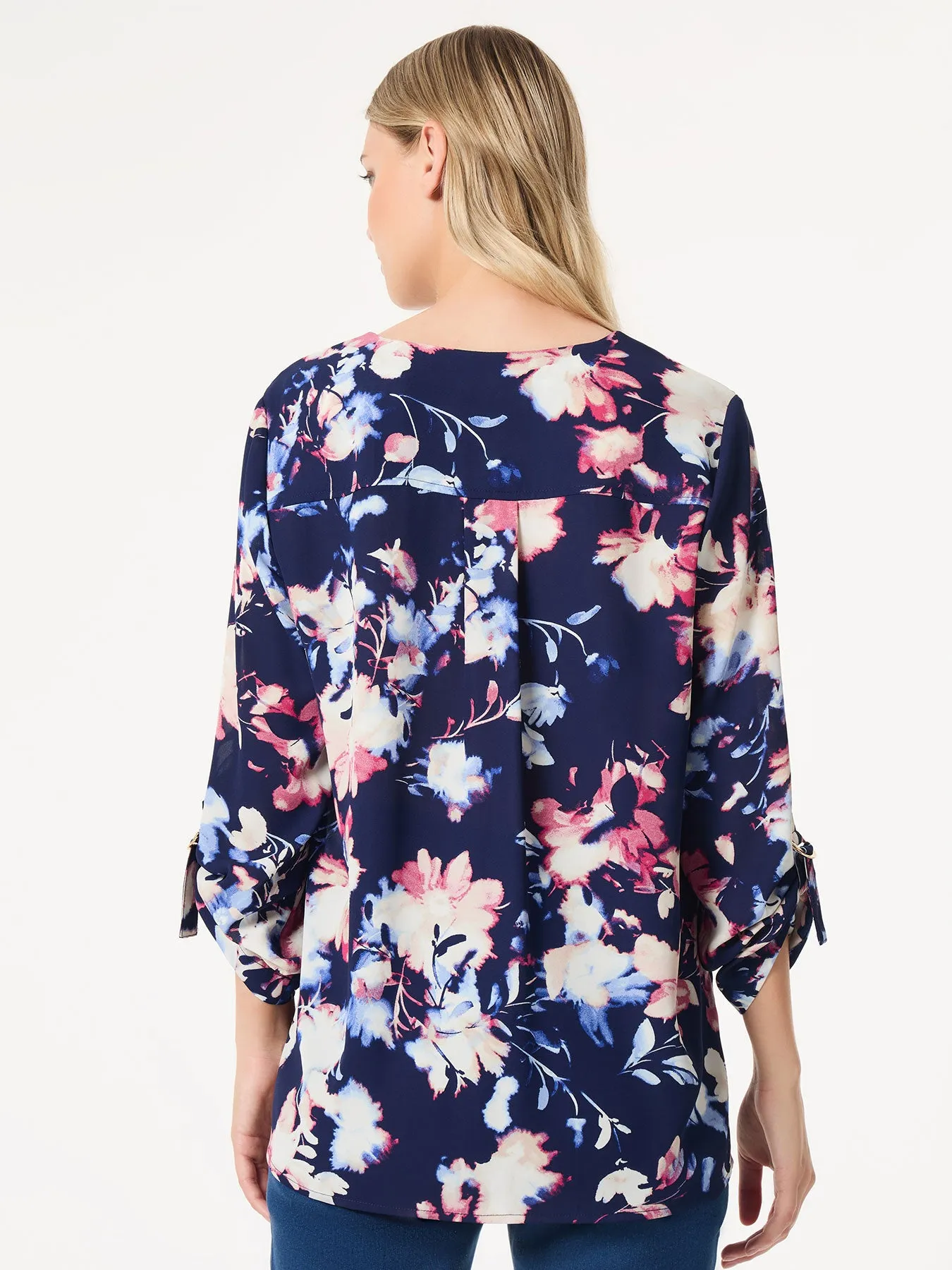 Floral Button-Front Collarless Tunic, Crepe De Chine