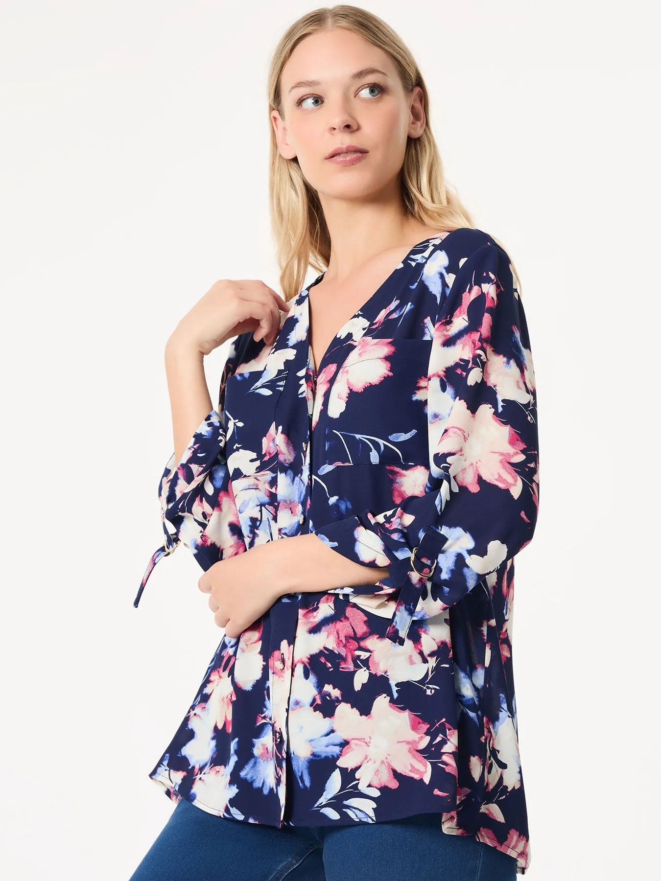 Floral Button-Front Collarless Tunic, Crepe De Chine